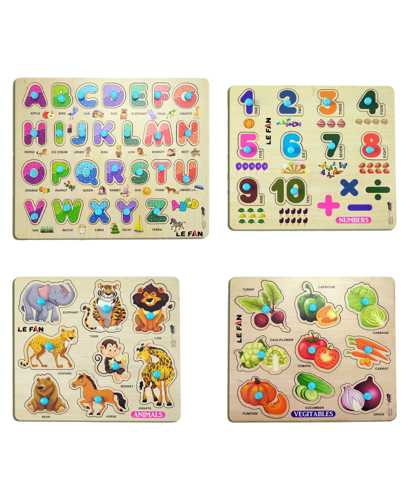 Mingkids Kids Puzzles ABCD Alphabets Numbers Animals & Vegetables Knob Puzzle Pack of 4 - 53 Pieces-image-8