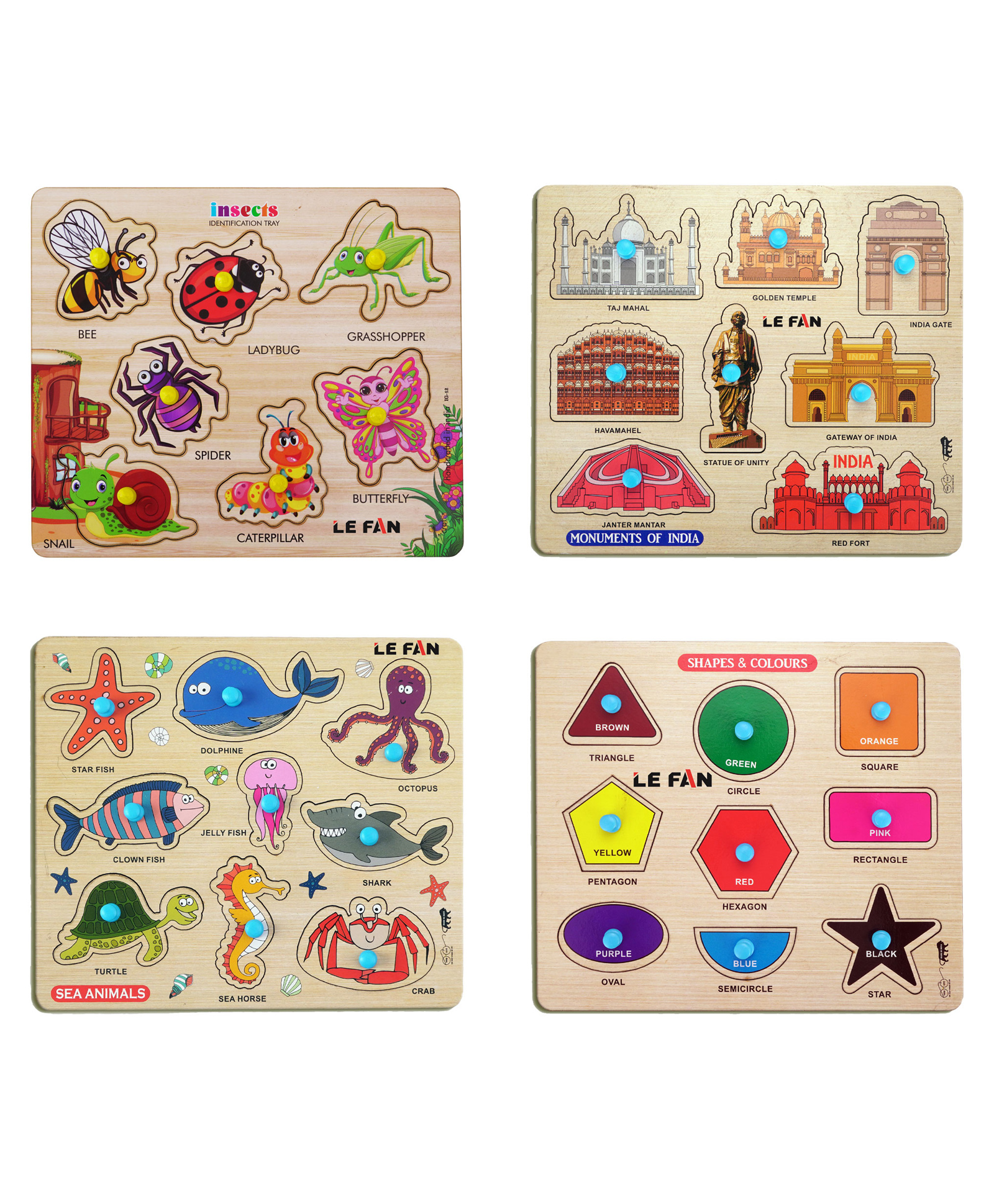Mingkids Kids Education Knob and Peg Puzzles Set of 4 Multicolour - 33 pieces-image-11