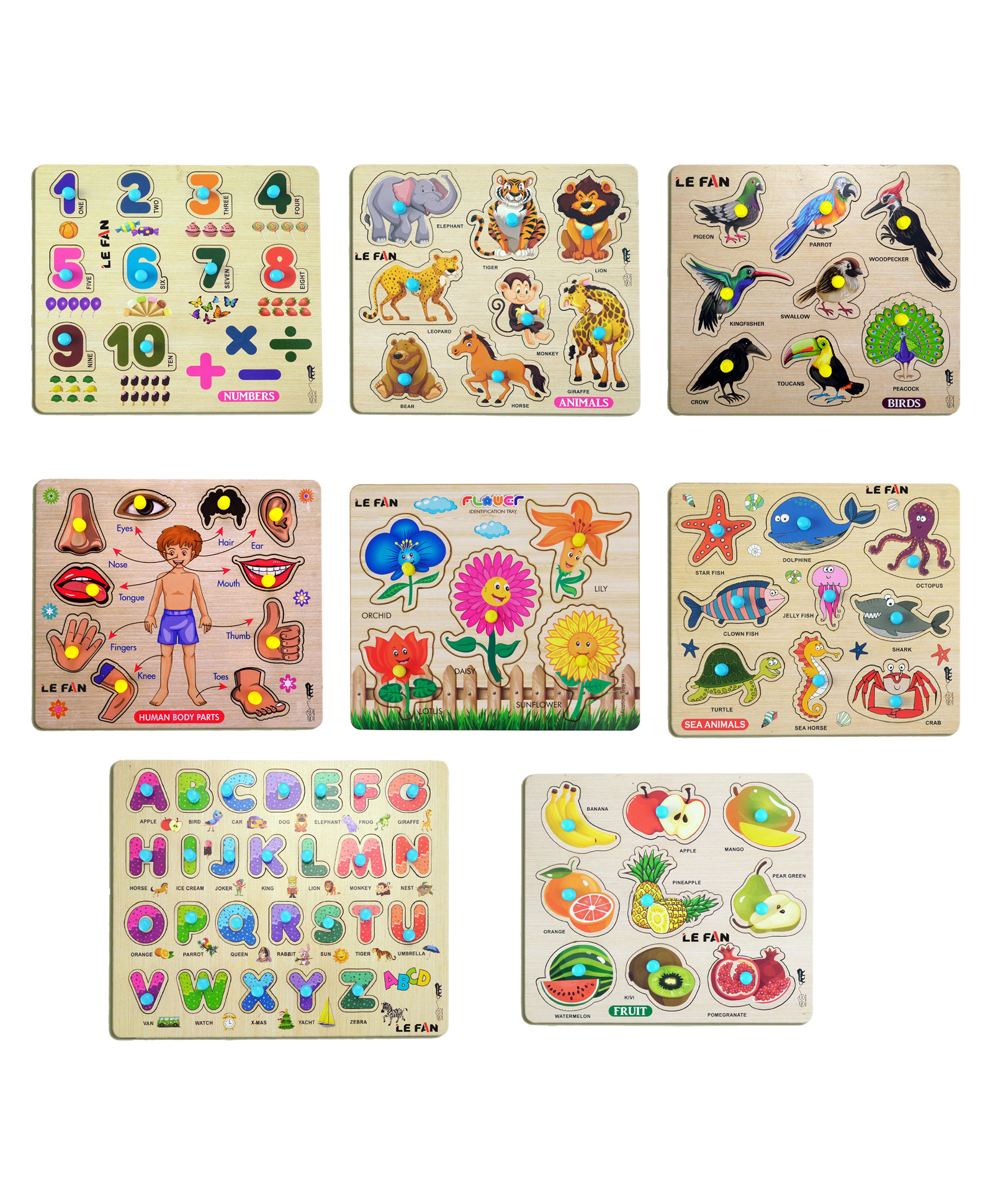 Mingkids Kids Education Knob and Peg Puzzles Set of 8 Multicolour - 85 pieces-picture-21