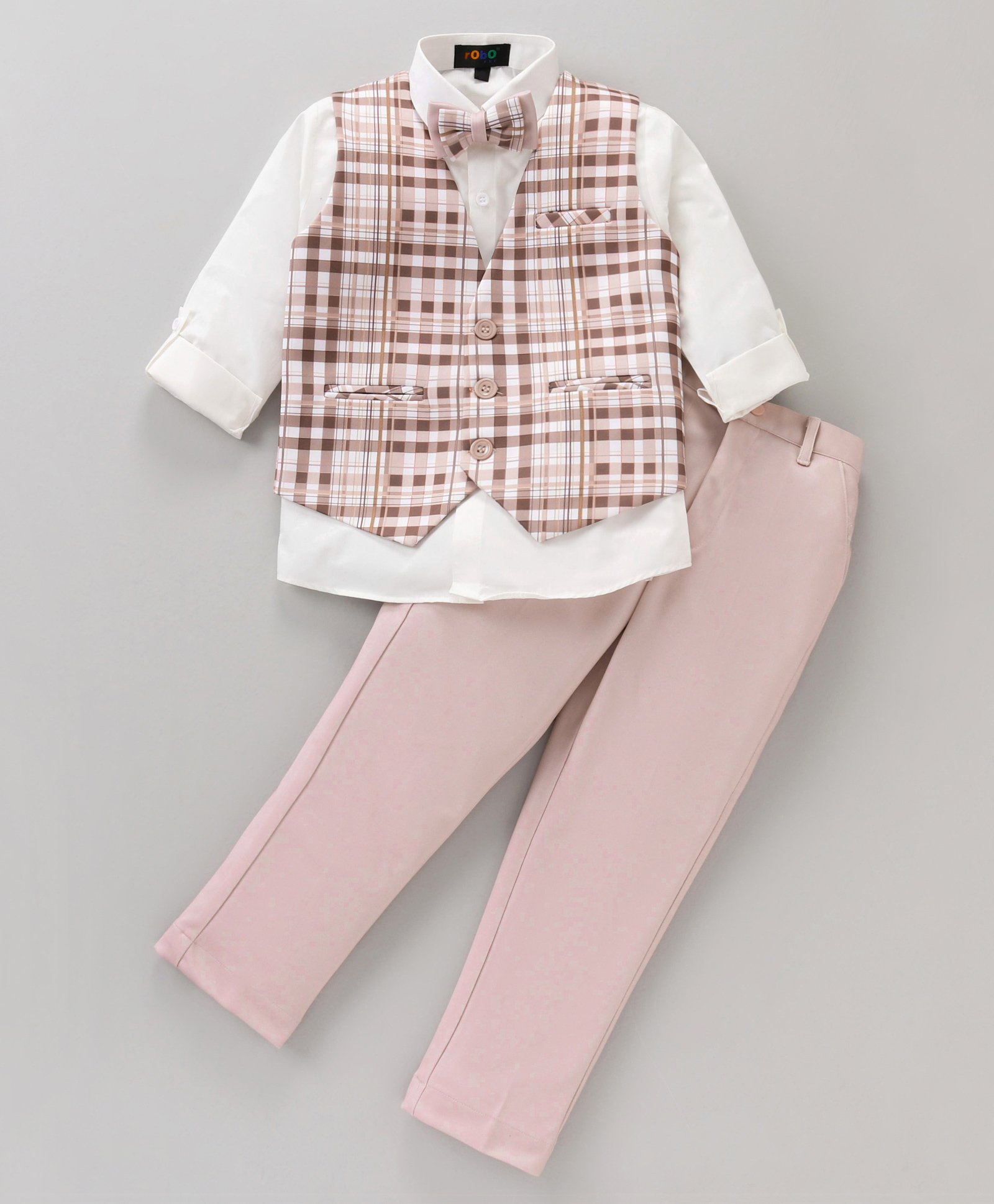 Robo Fry Knit Full Sleeves 3 Pieces Party Suit With Bow - Brown-picture-5