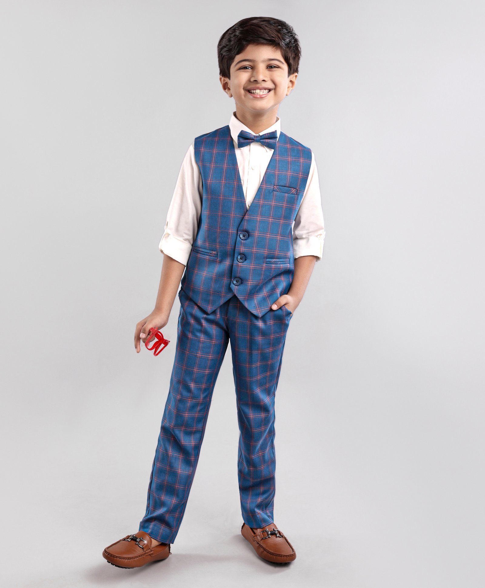 Robo Fry Poly Blends Full Sleeves Checks Party Suit - Blue-image-7