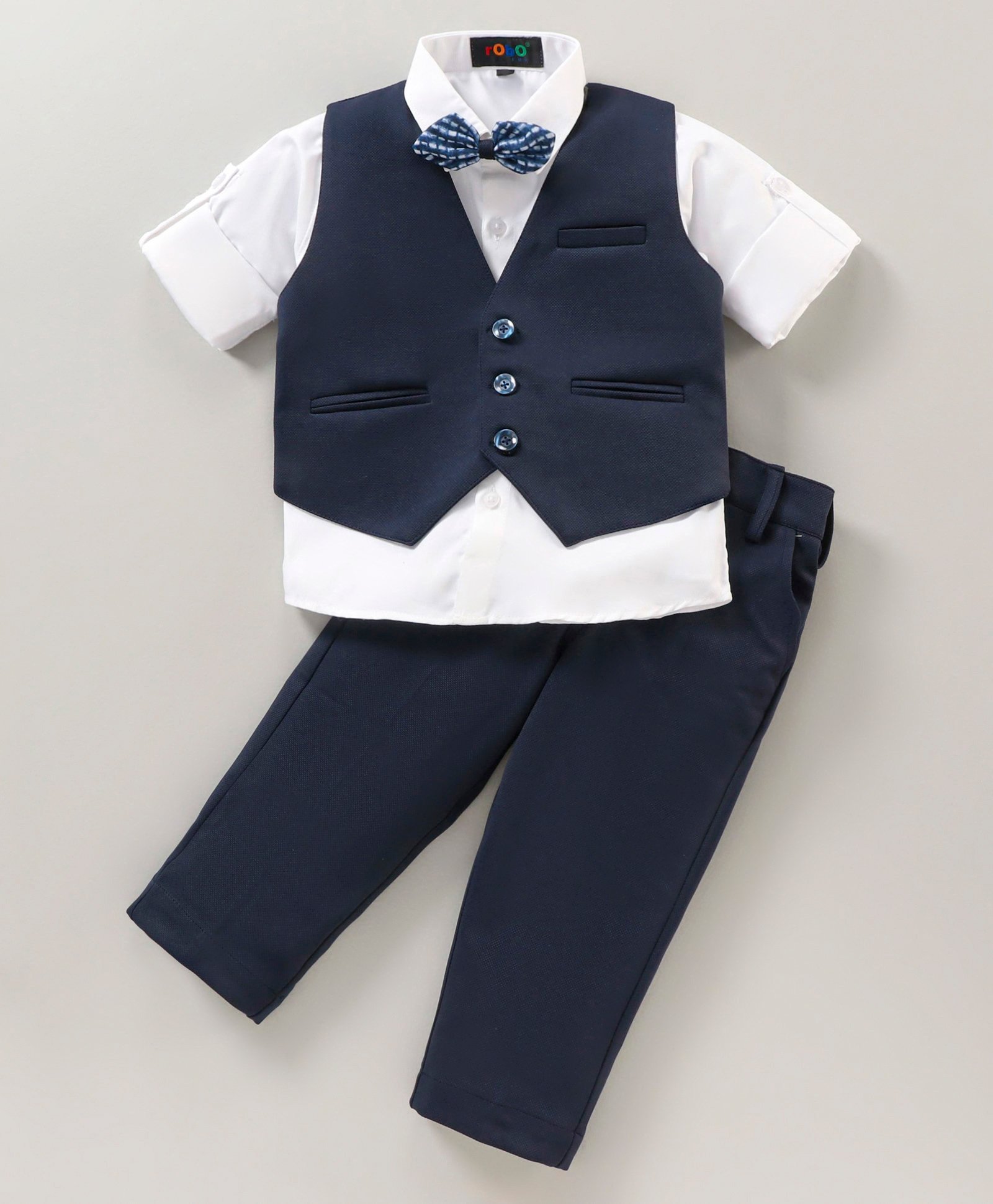 Robo Fry Full Sleeves Solid 3 Pieces Party Suit With Bow - Blue-picture-17