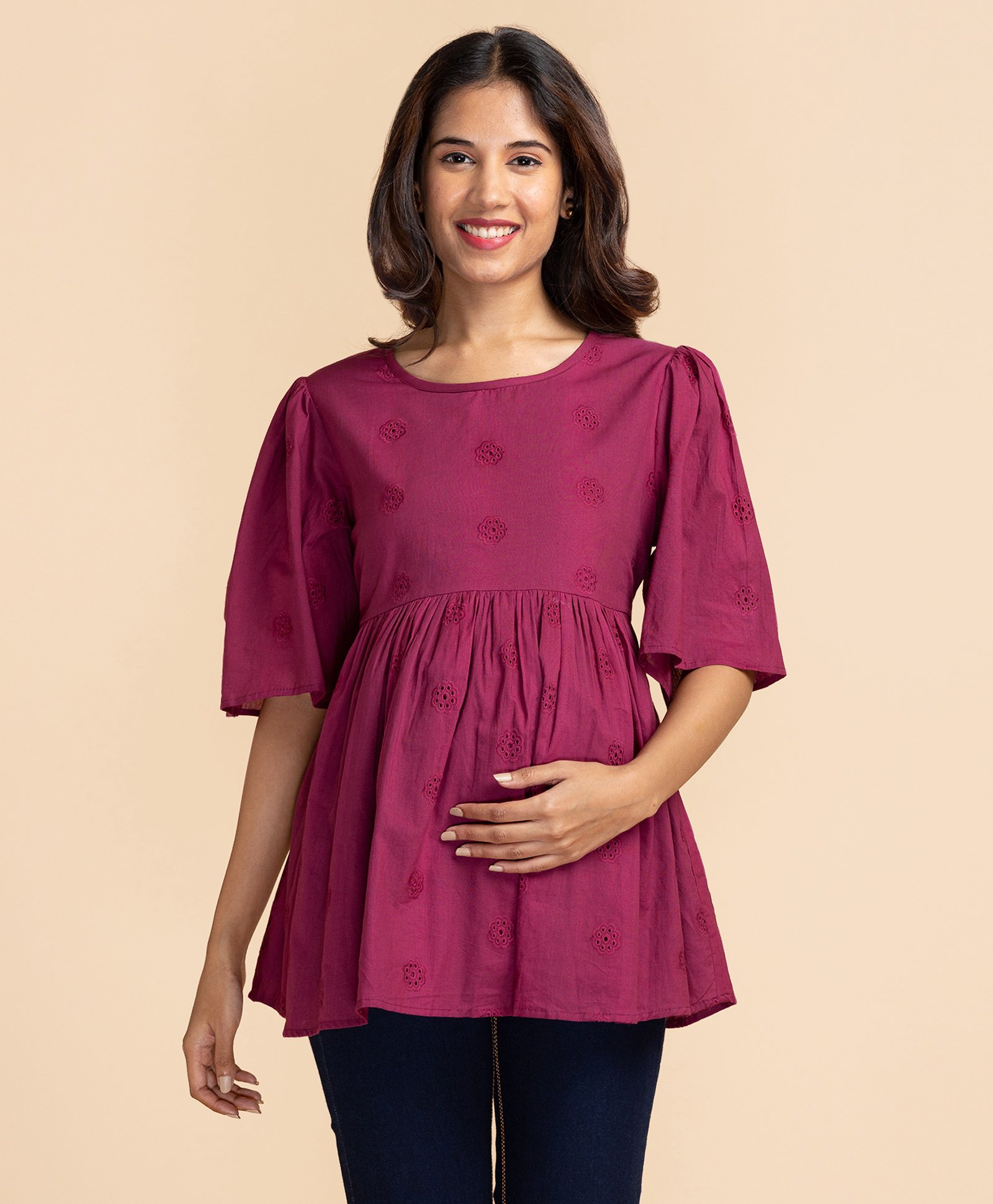 Bella Mama Half Sleeves Cotton Schiffli Maternity Top - Dark Purple-image-26