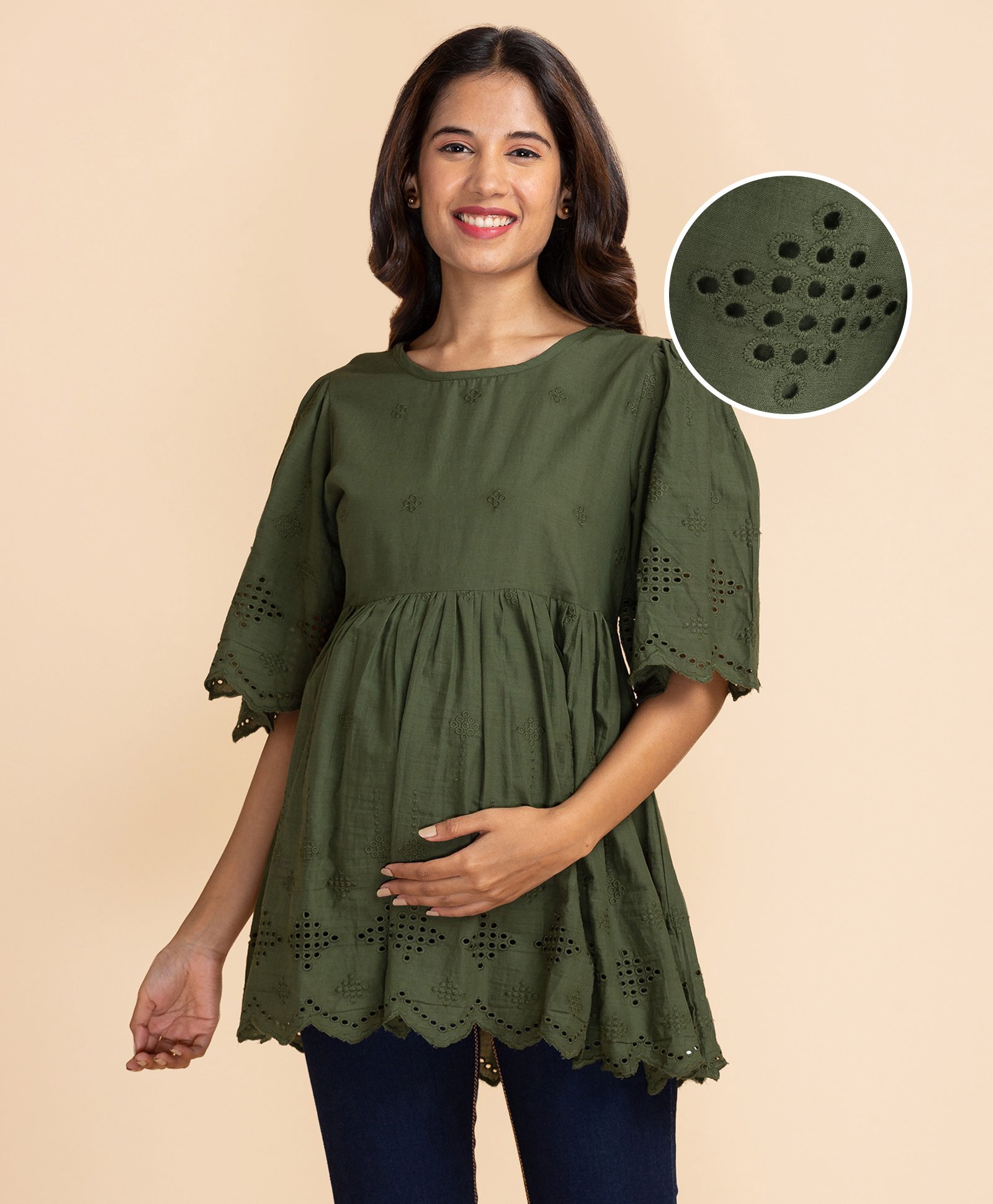 Bella Mama Maternity Cotton Schiffli Top - Olive Green-image-13