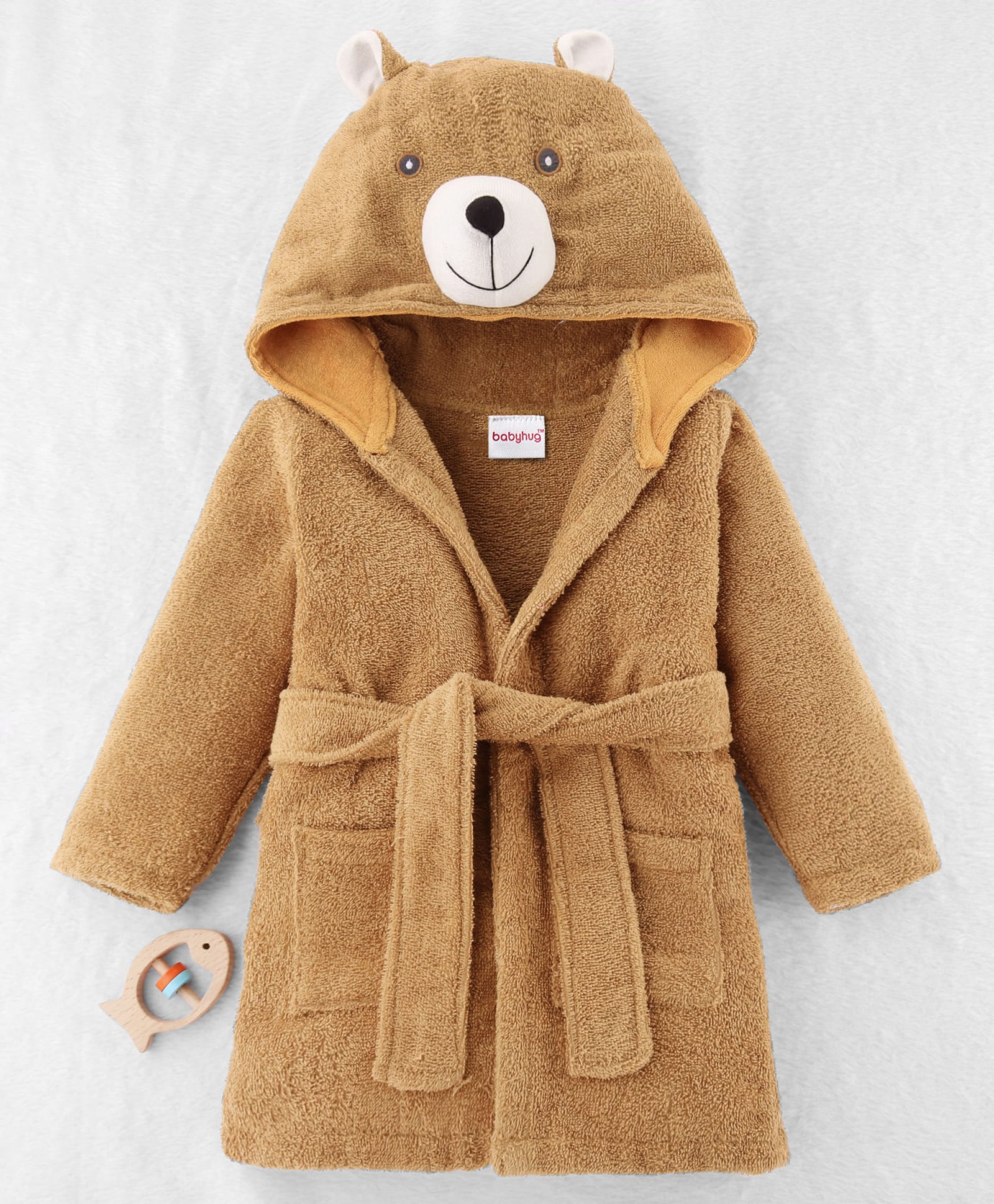 Babyhug Woven Terry Full Sleeves Hooded Bath Robe Teddy Design - Brown-image-23