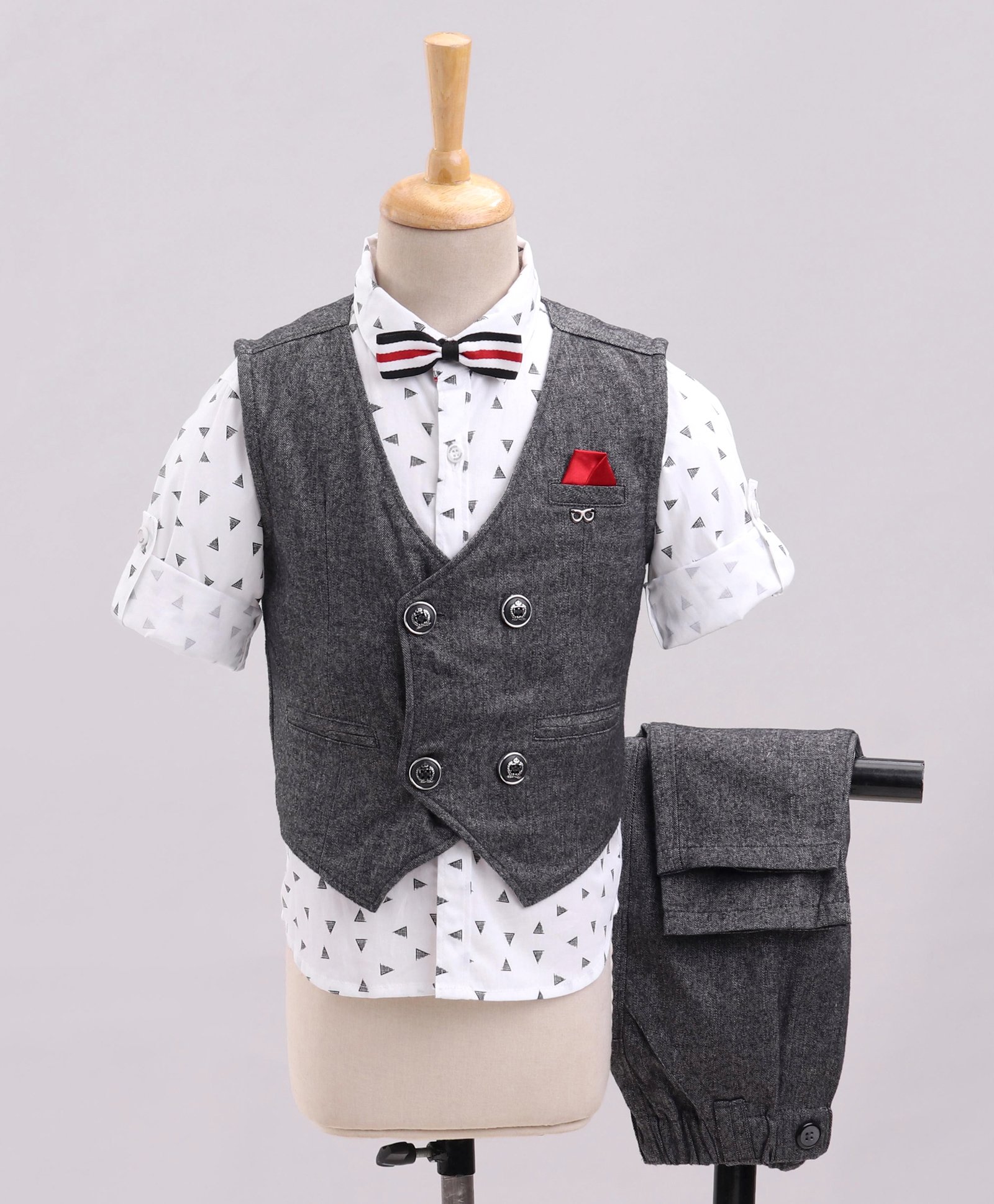 Jash Kids Full Sleeves Printed Shirt And Pants Set With Waistcoat - Black-image-1