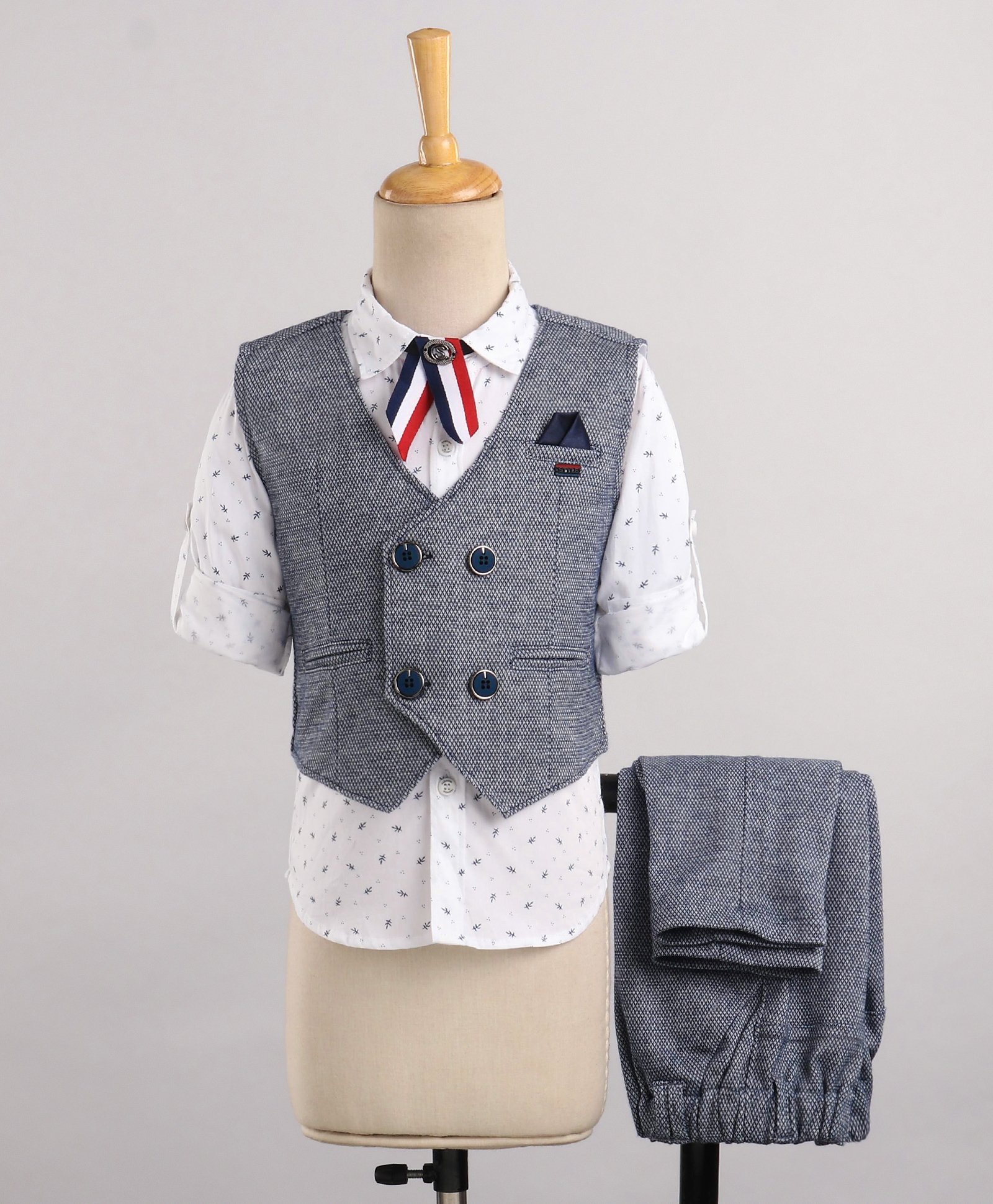 Jash Kids Full Sleeves Printed Shirt And Pants Set With Waistcoat - Navy Grey-image-43