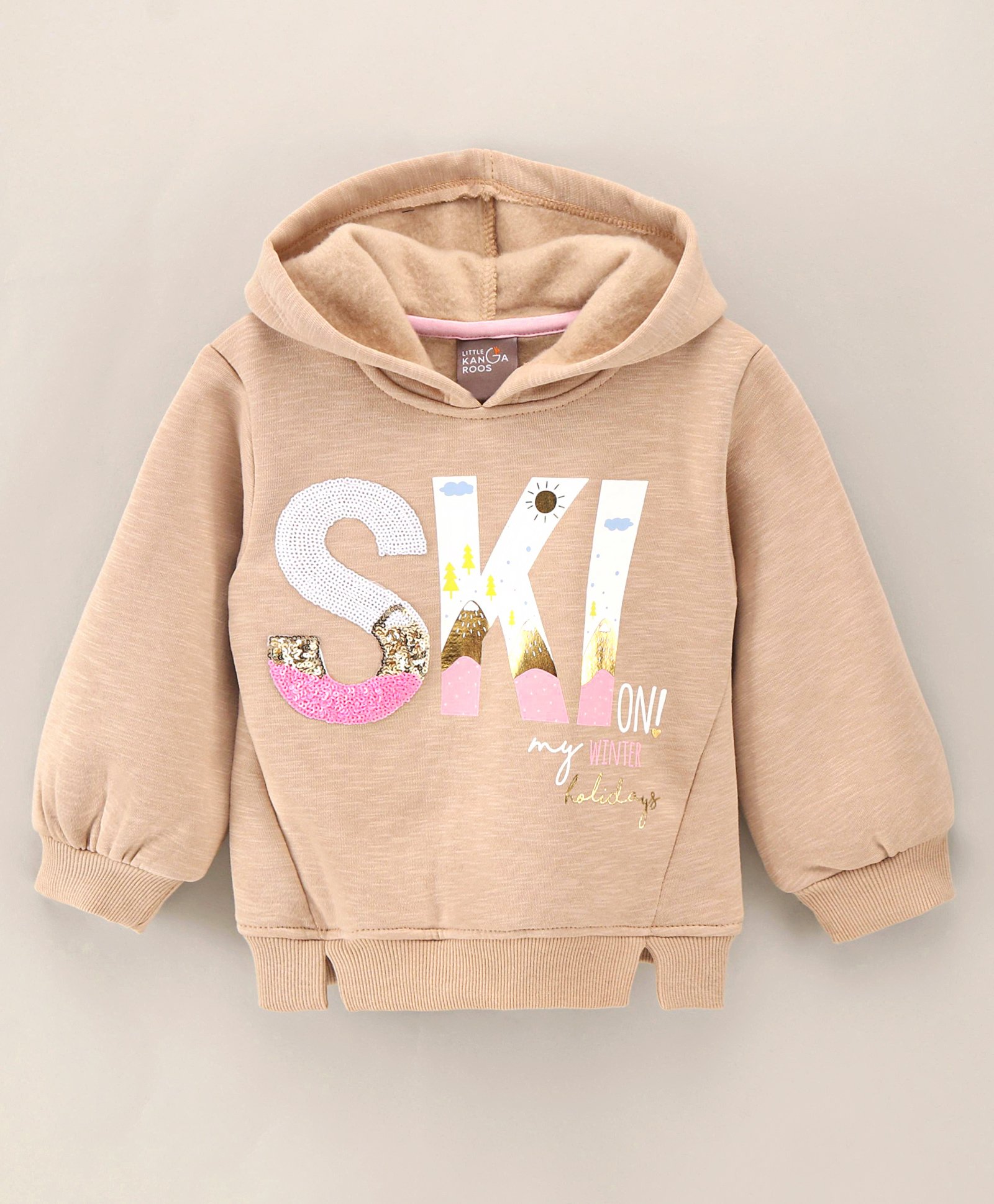 Little Kangaroos Full Sleeves Hooded Sweatshirt Text Print & Sequin Applique - Light Brown-image-31