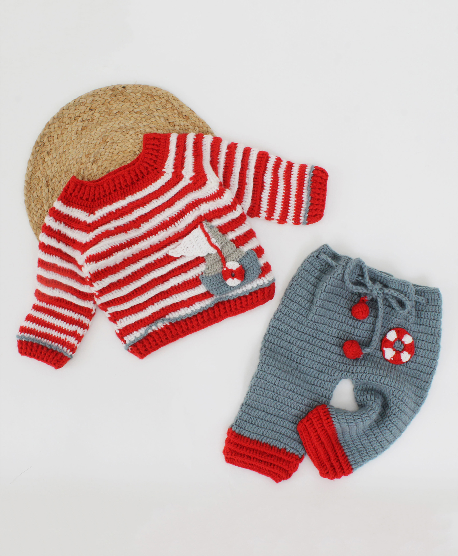 Woonie Handmade Full Sleeves Boat Embroidered Striped Pattern Sweater With Pants - Red & Grey-picture-11