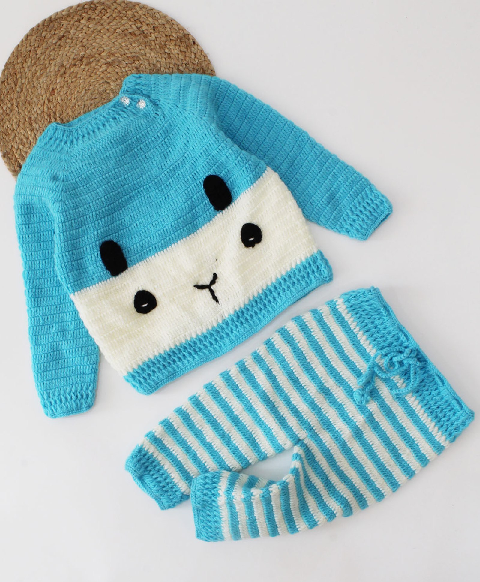 Woonie Handmade Full Sleeves Bunny Face Detail Sweater With Striped Pant - Blue & White-image-6
