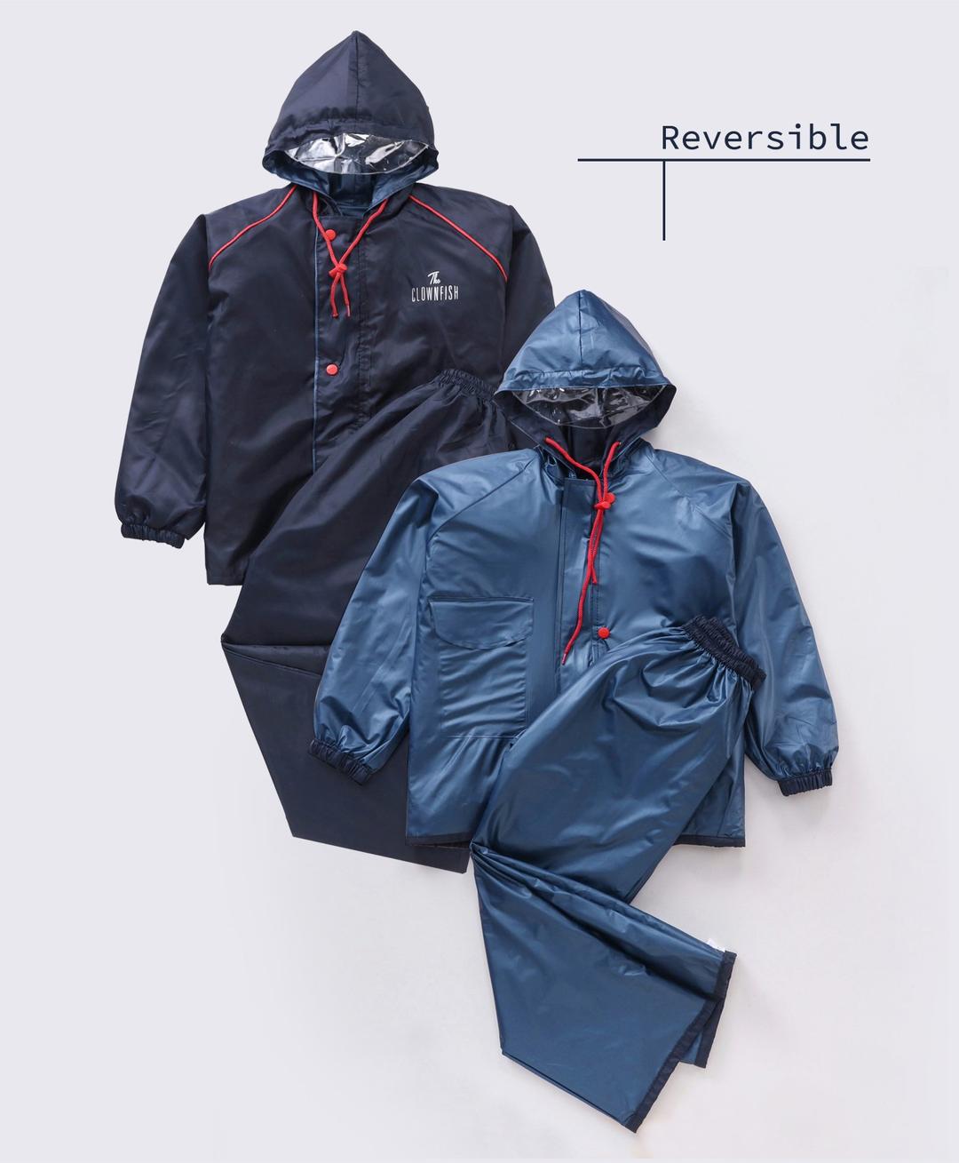 Clownfish Polyester Full Sleeves Double Coating Reversible Longcoat Raincoat - Blue-image-4
