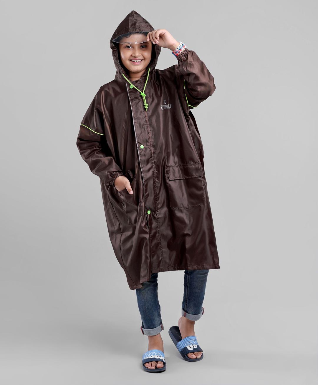 Clownfish Polyester Full Sleeves Double Coating Reversible Longcoat Raincoat - Brown