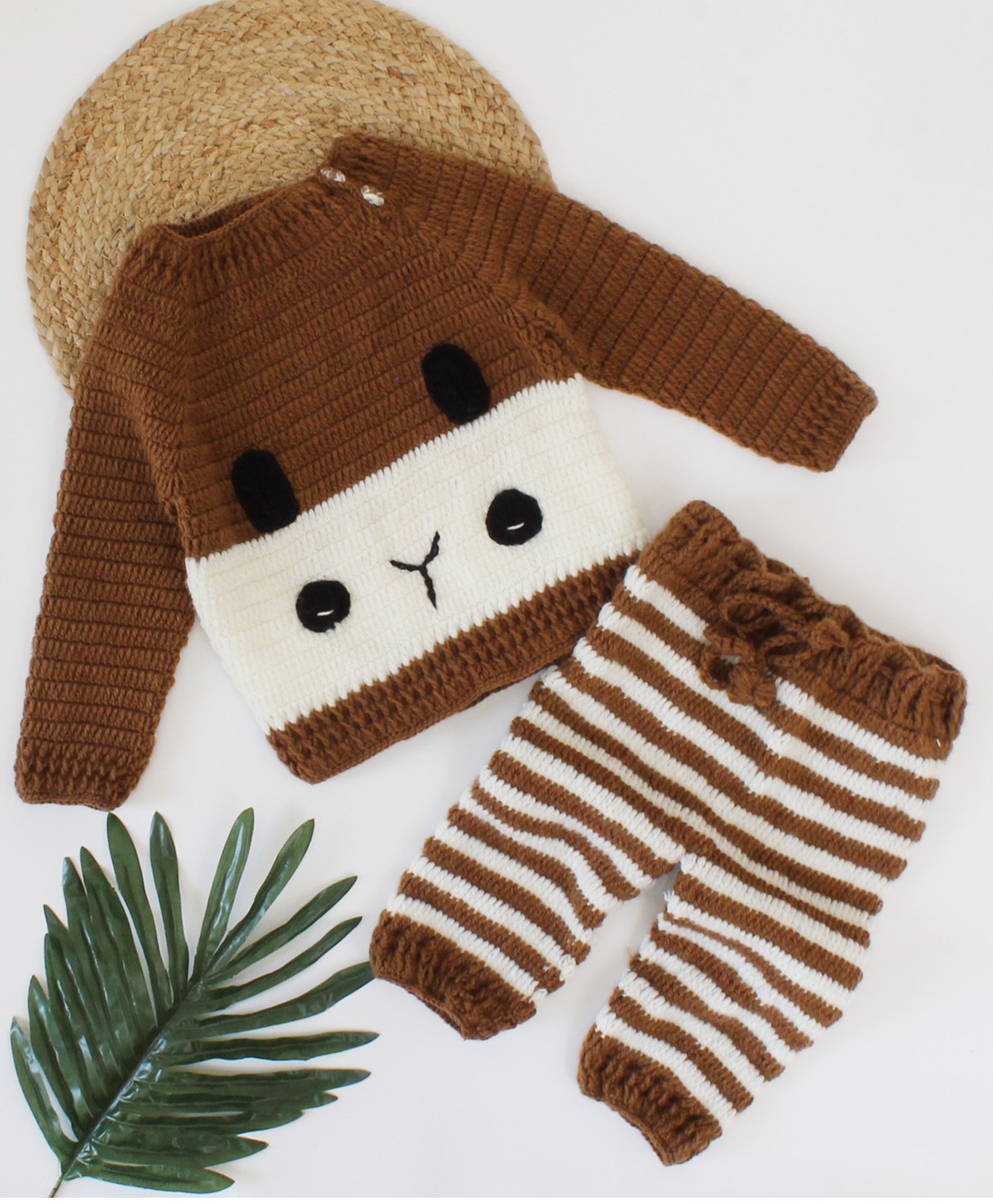Woonie Handmade Full Sleeves Bunny Face Detail Sweater With Striped Pant - Brown-picture-12