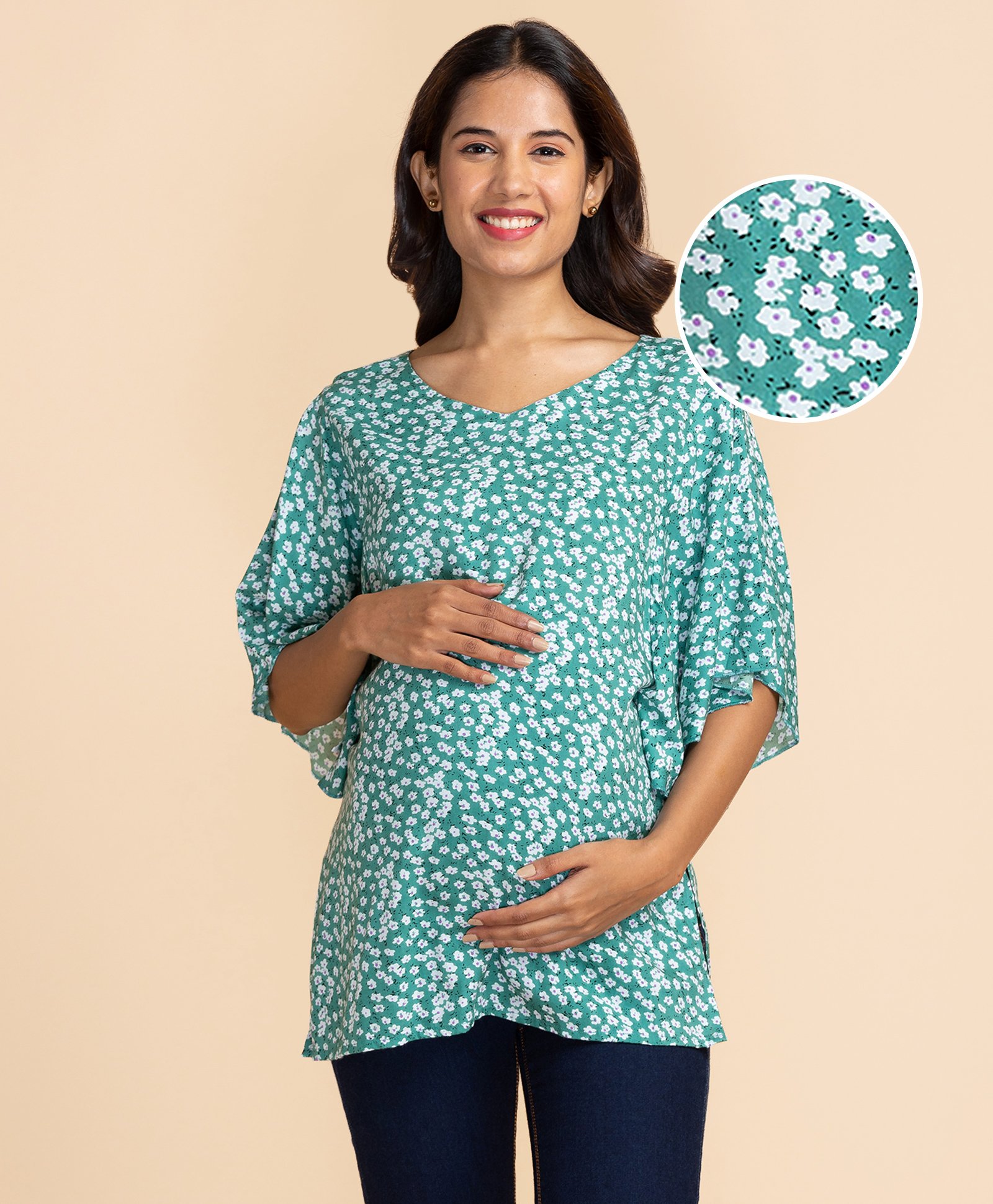 Bella Mama Woven  Butterfly Sleeves Maternity Top Floral Print - Sea Green-picture-18