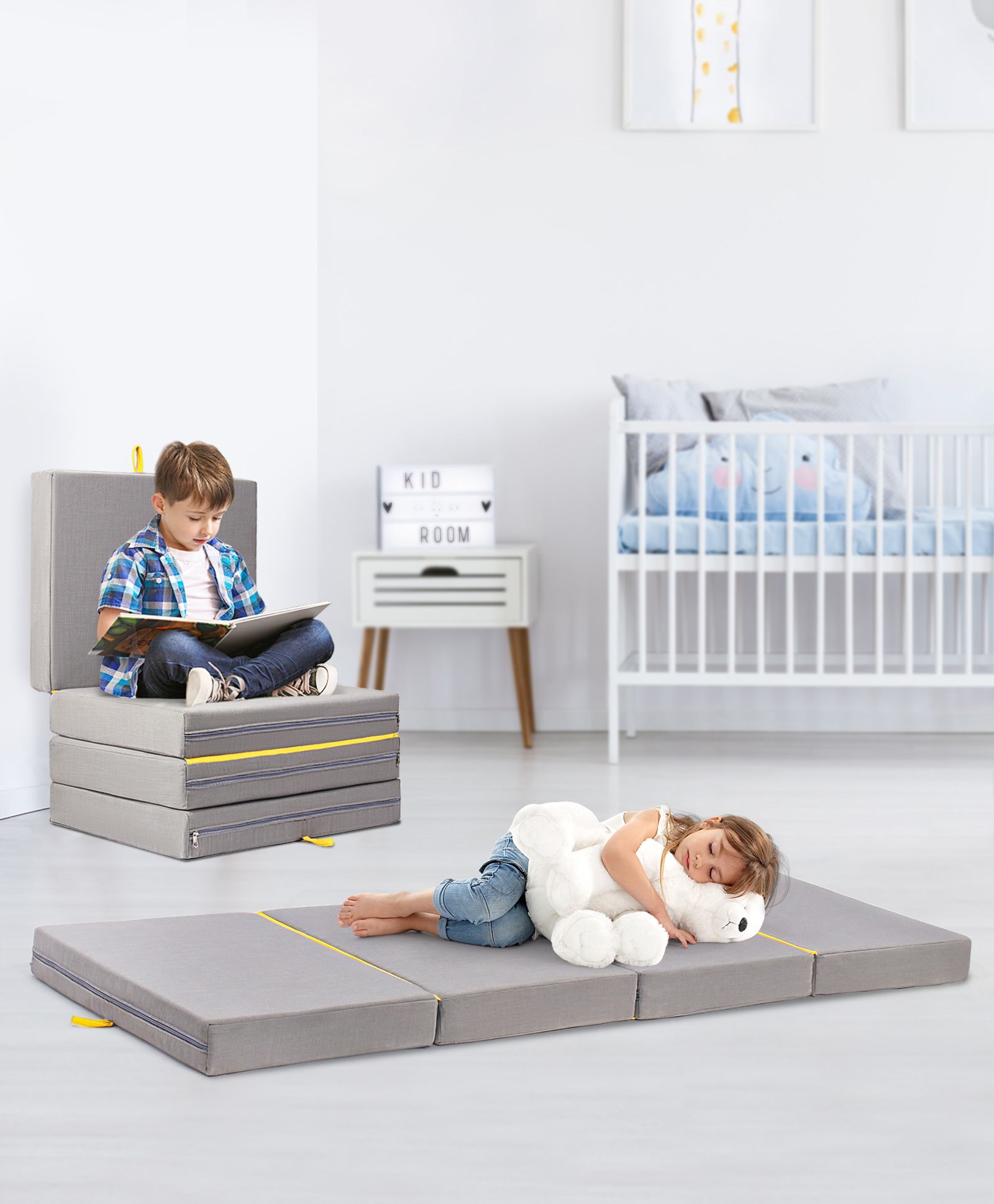 Pine Kids Classic Four Fold Sofa Cum Mattress - Grey