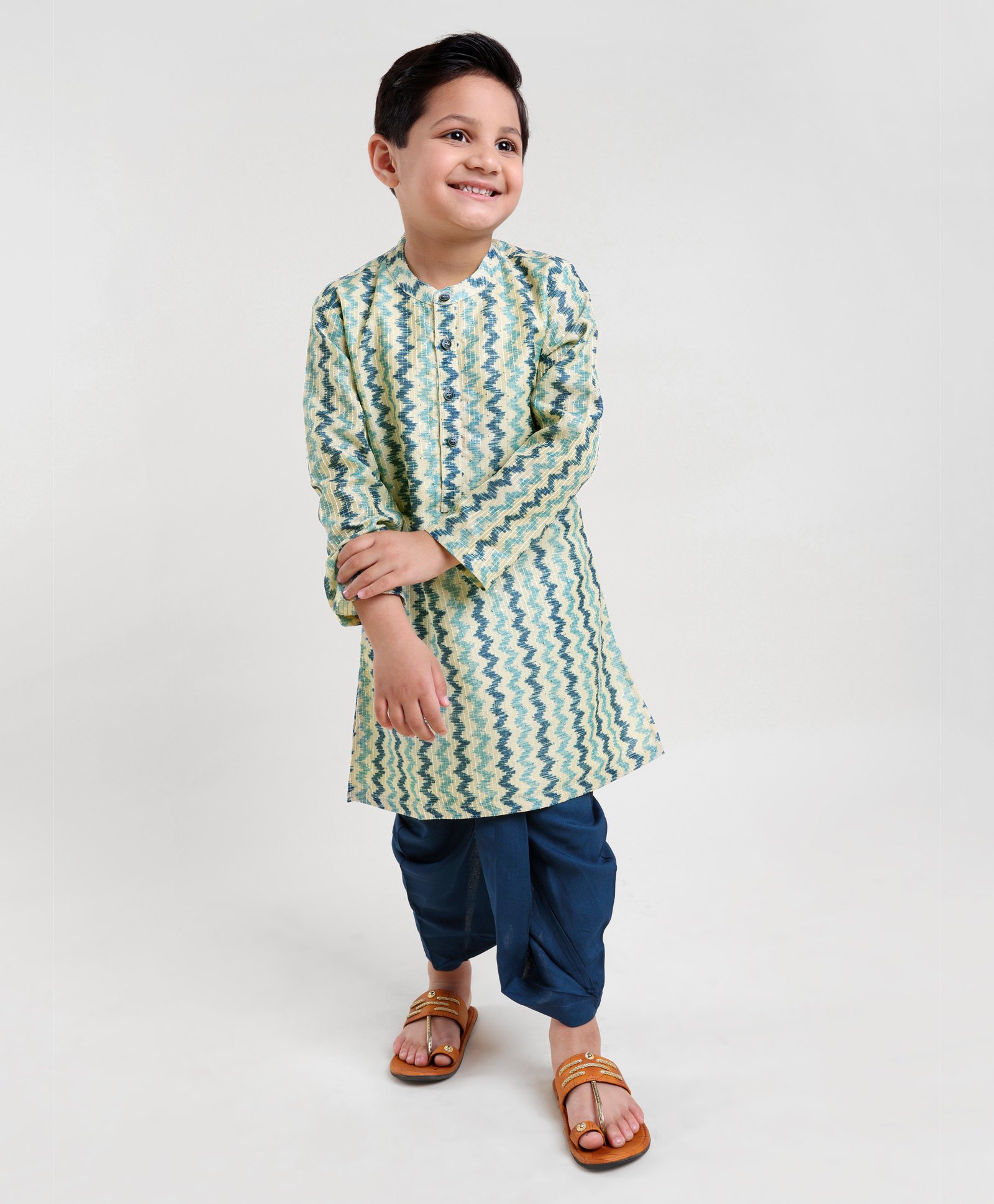 Babyhug 100% Cotton Full Sleeves Kurta and Dhoti Set Zig Zag Print - Beige & Navy-picture-14