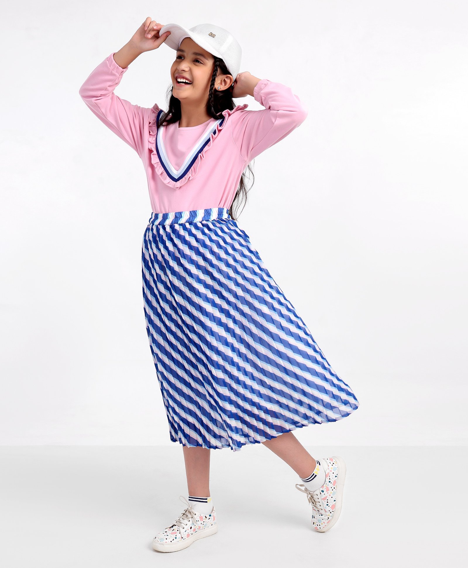 Ollington St. Winterwear Sweatshirt With Frills And Georgette Pleated Skirt With Stripes Print- Pink Navy-image-42