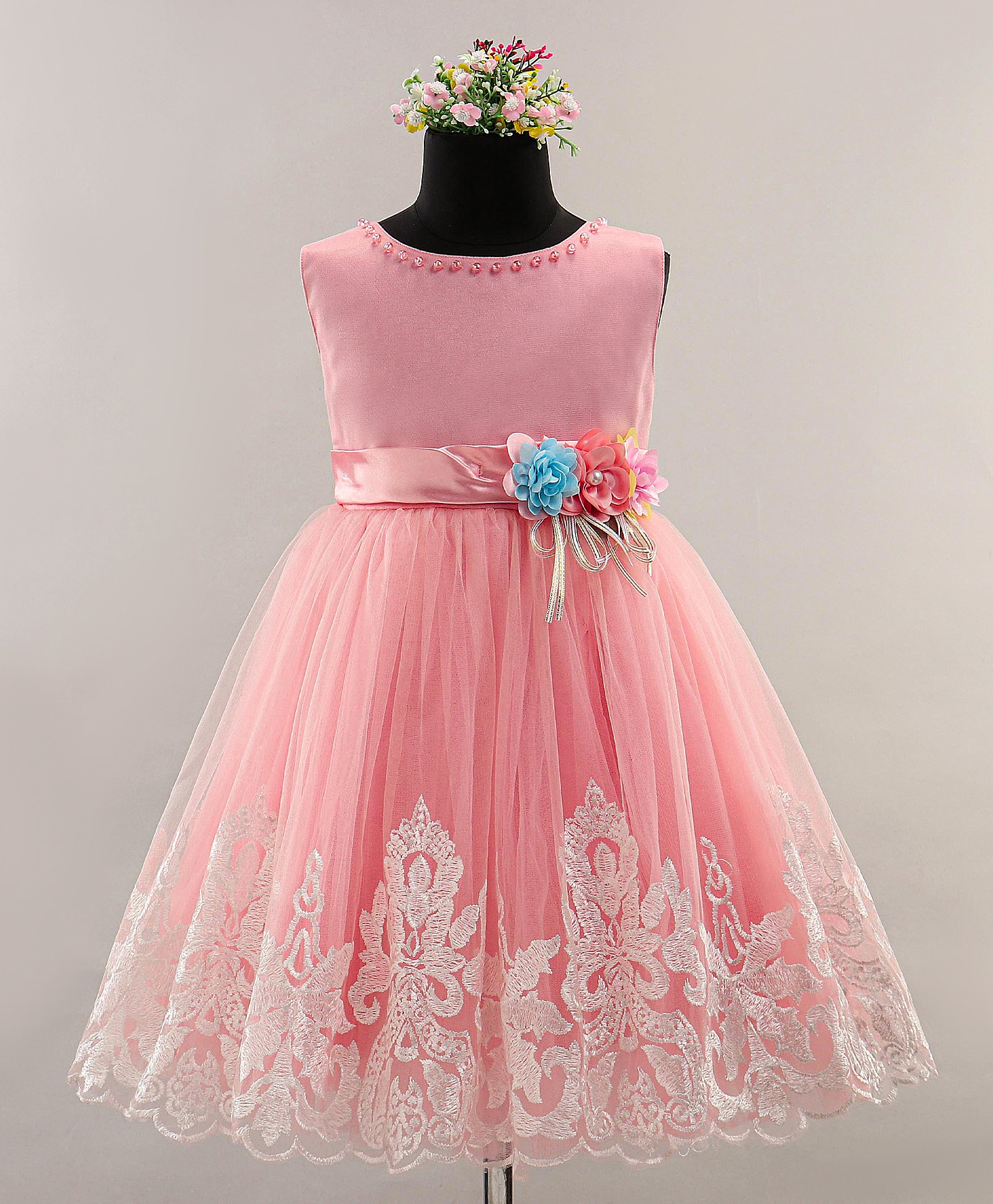 Bluebell Sleeveless Embroidery & Floral Applique Party Frock - Peach-image-21