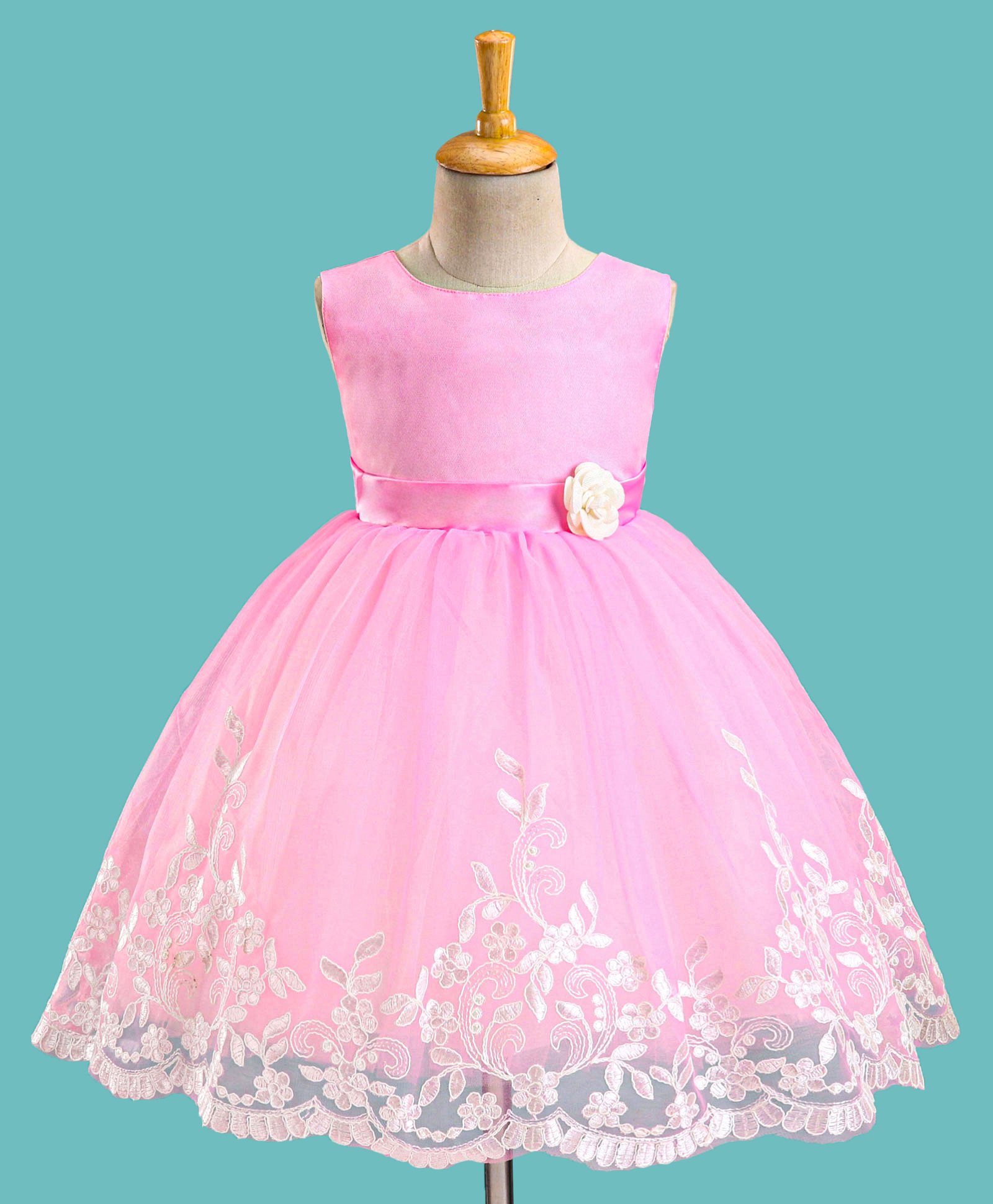 Bluebell Woven Sleeveless Net Embroidered Party Dress with Floral Applique - Pink-image-9