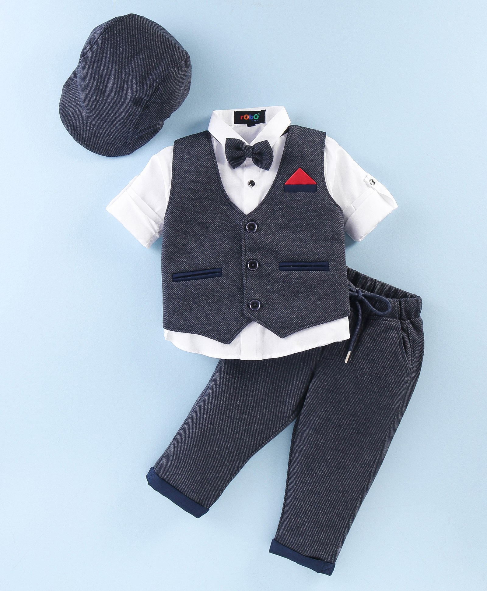 Robo Fry Cotton Mixes Full Sleeves Textured Party Suit with Cap - Blue-picture-38