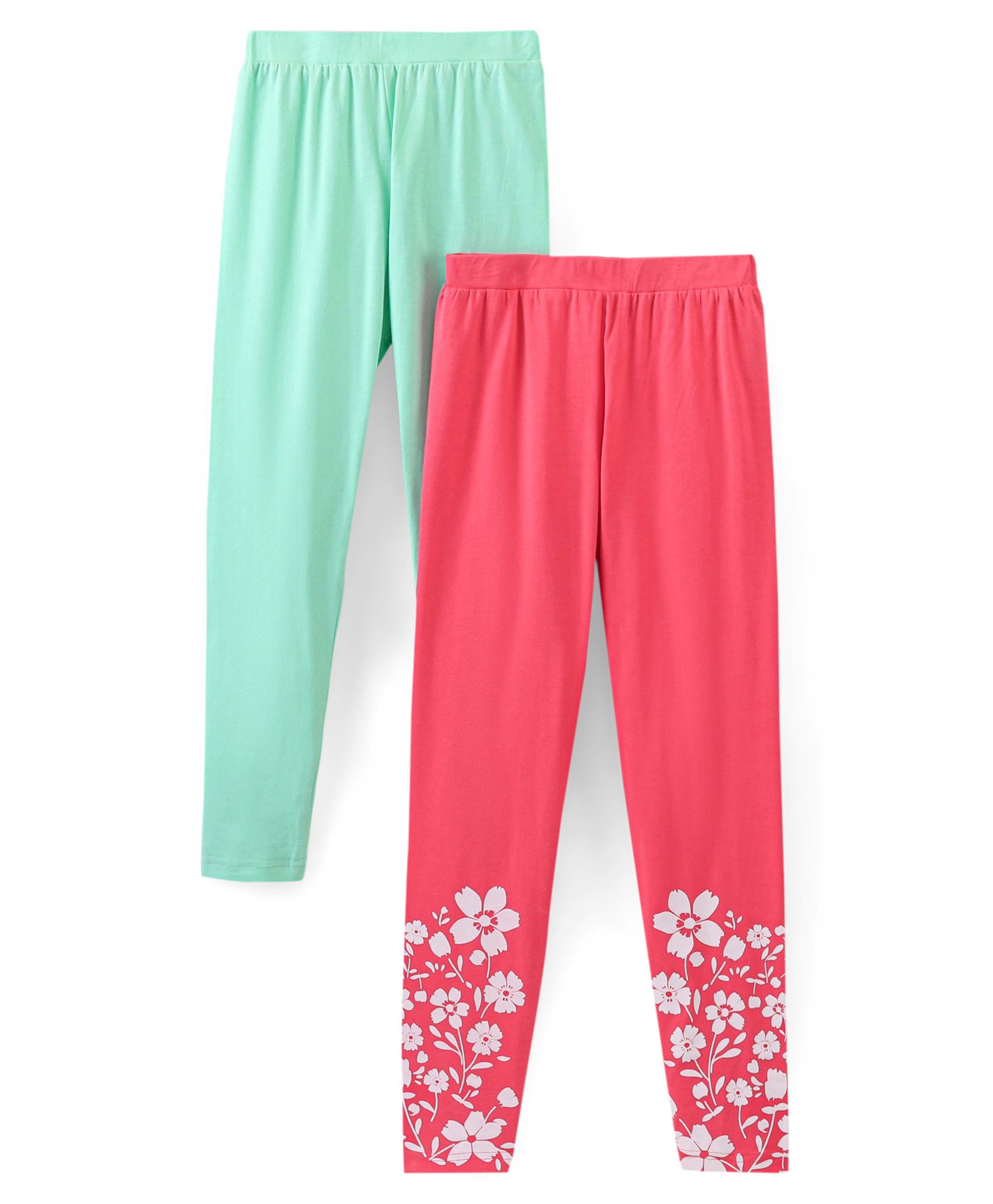 Pine Kids Full Length Stretchable & Biowashed Cotton Leggings Solid & Floral Print Pack Of 2 - Blue Pink-image-20