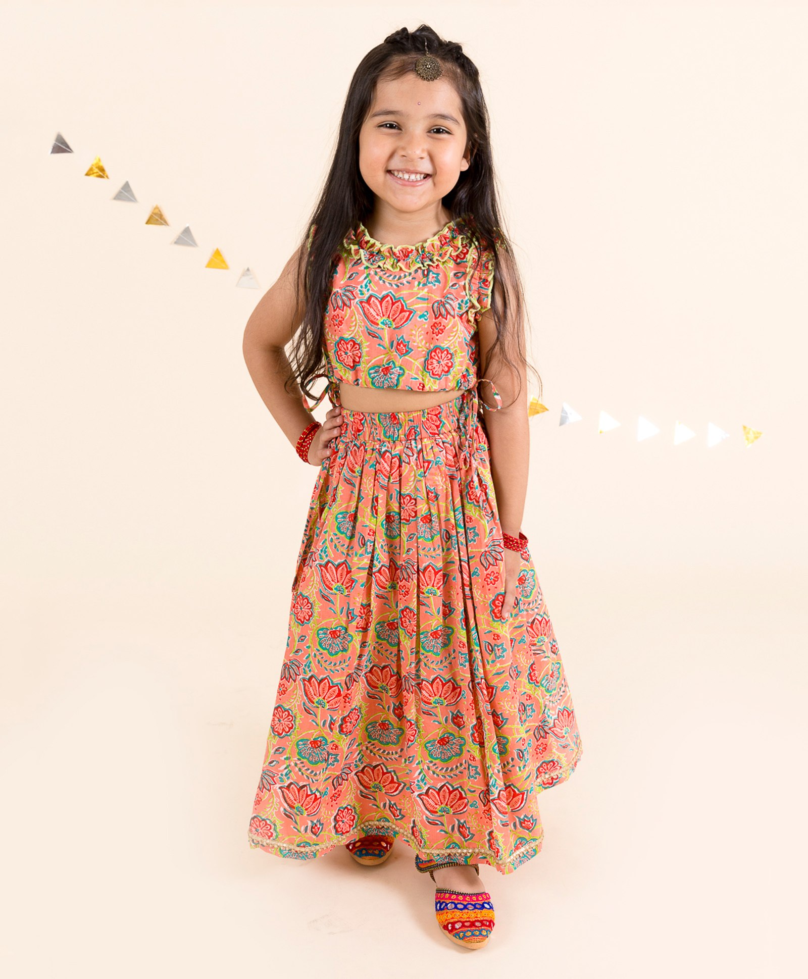 Pspeaches Sleeveless Ruffle Detailed & Seamless Jaipuri Floral Printed Choli With Coordinating Lehenga - Peach-picture-19