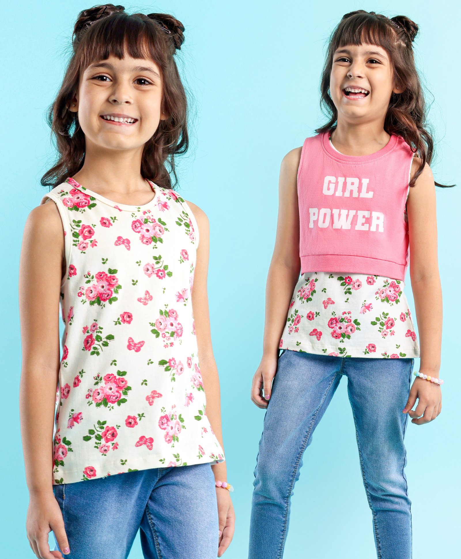 Babyhug Sleeveless Crop Top with Inner Tee Floral and Text Print - Pink White-image-5