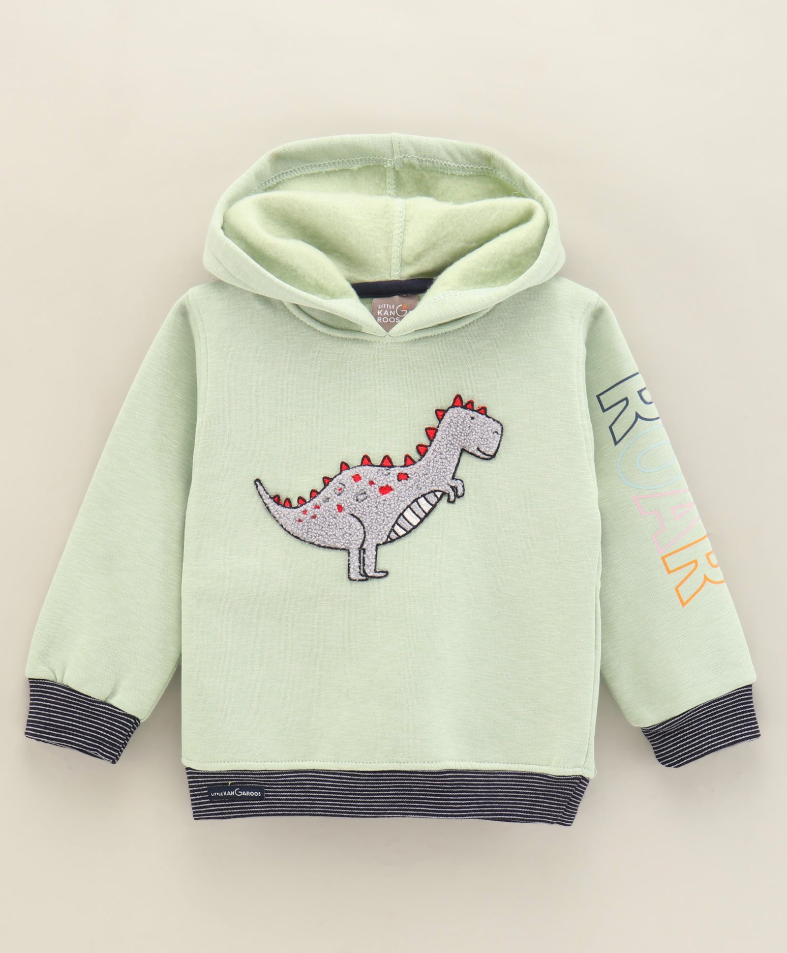 Little Kangaroos Full Sleeves Hooded Sweatshirt Dinosaur Embroidery- Green-picture-24