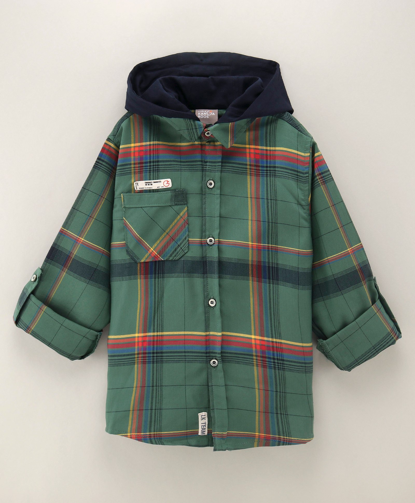 Little Kangaroos Full Sleeves Hooded Checks Shirt -  Green-image-31