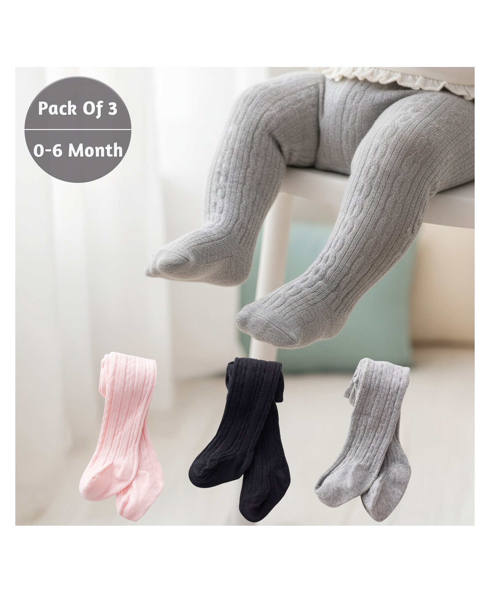 SYGA Baby Tights Soft Leggings For Girls Stockings Socks Pants Pack Of 3 - White Purple Grey-image-8