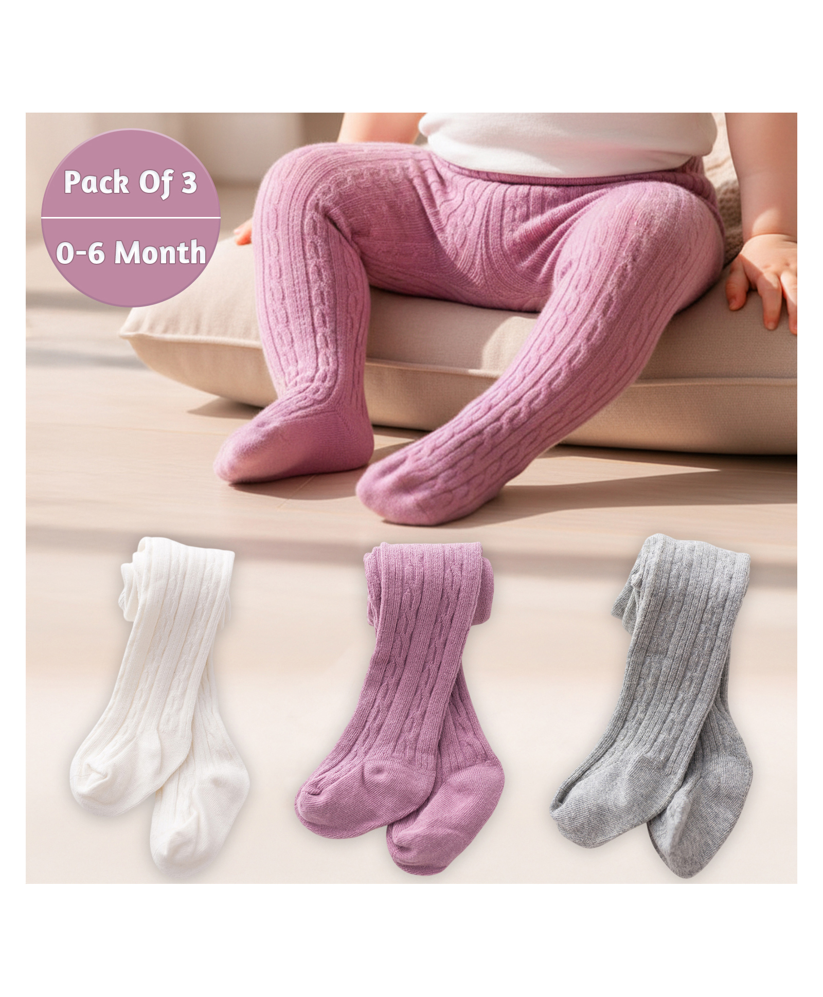 SYGA Baby Tights Soft Leggings For Girls Stockings Socks Pants Pack Of 3- Black Pink Grey-image-5