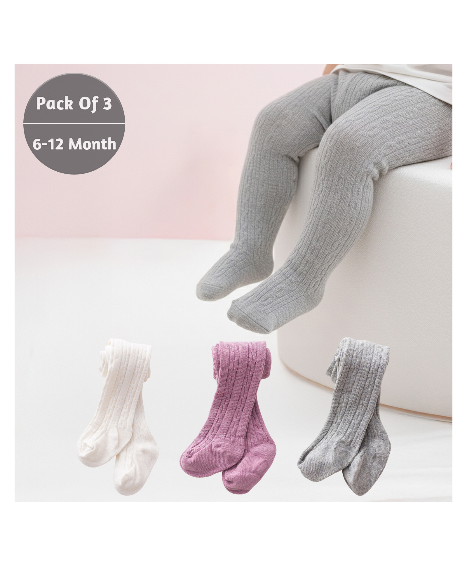 SYGA Baby Tights Soft Leggings For Girls Stockings Socks Pants Pack Of 3-  White Purple Grey
