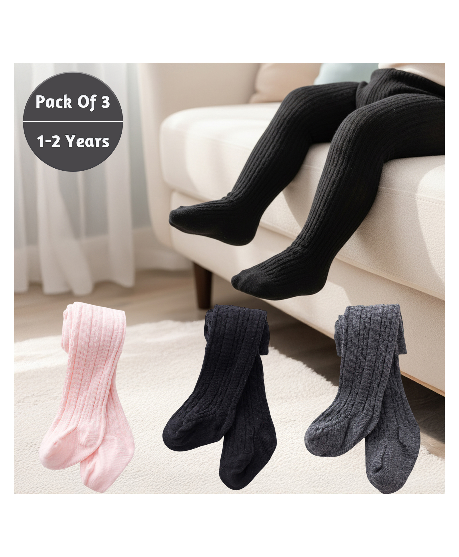 SYGA Baby Tights Soft Leggings For Girls Stockings Socks Pants Pack Of 3, - White Purple Grey-image-17