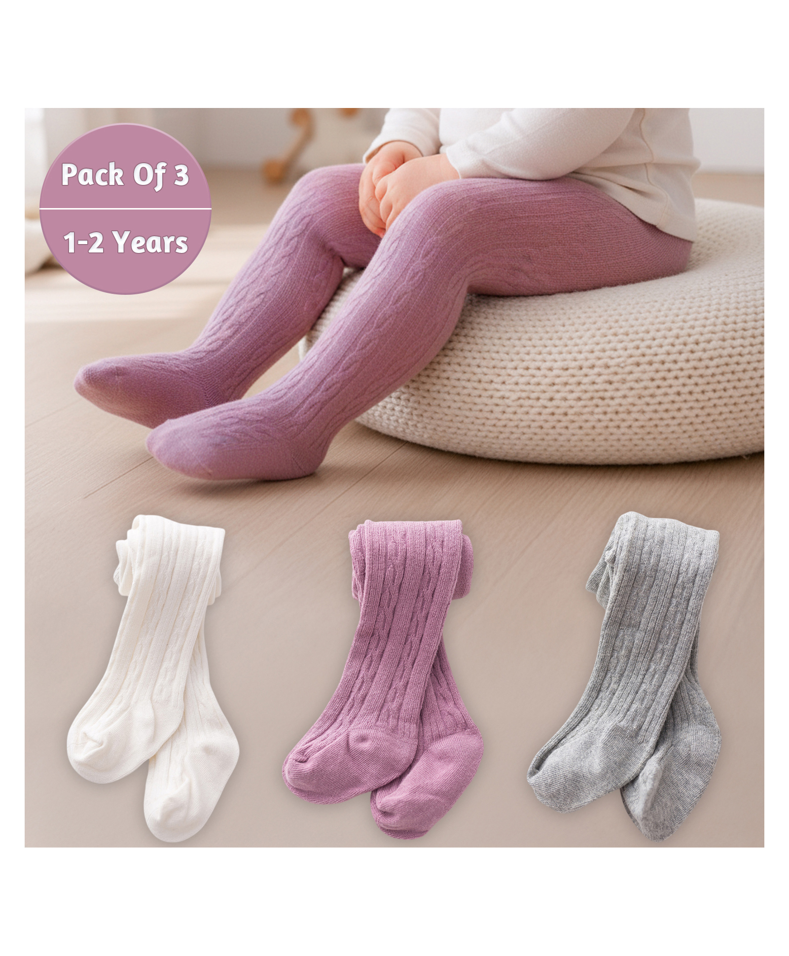 SYGA Baby Tights Soft Leggings For Girls Stockings Socks Pants Pack Of 3 - Black Pink Dark Grey