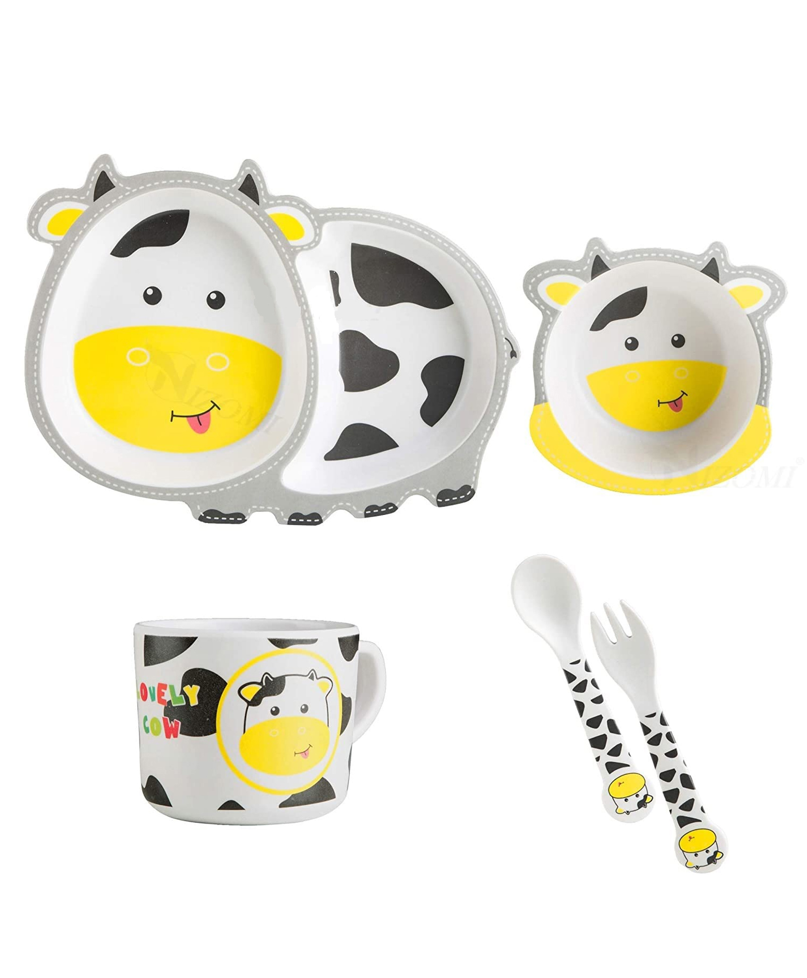 SANISHTH Cartoon Animal Cow Bamboo Fiber Dinnerware Plate & Bowl Set for Kids Toddler Plate Bowl Cup Spoon Fork Eco Friendly Non Toxic Self Feeding Baby Utensil Set of 5 Pieces - Yellow-image-12