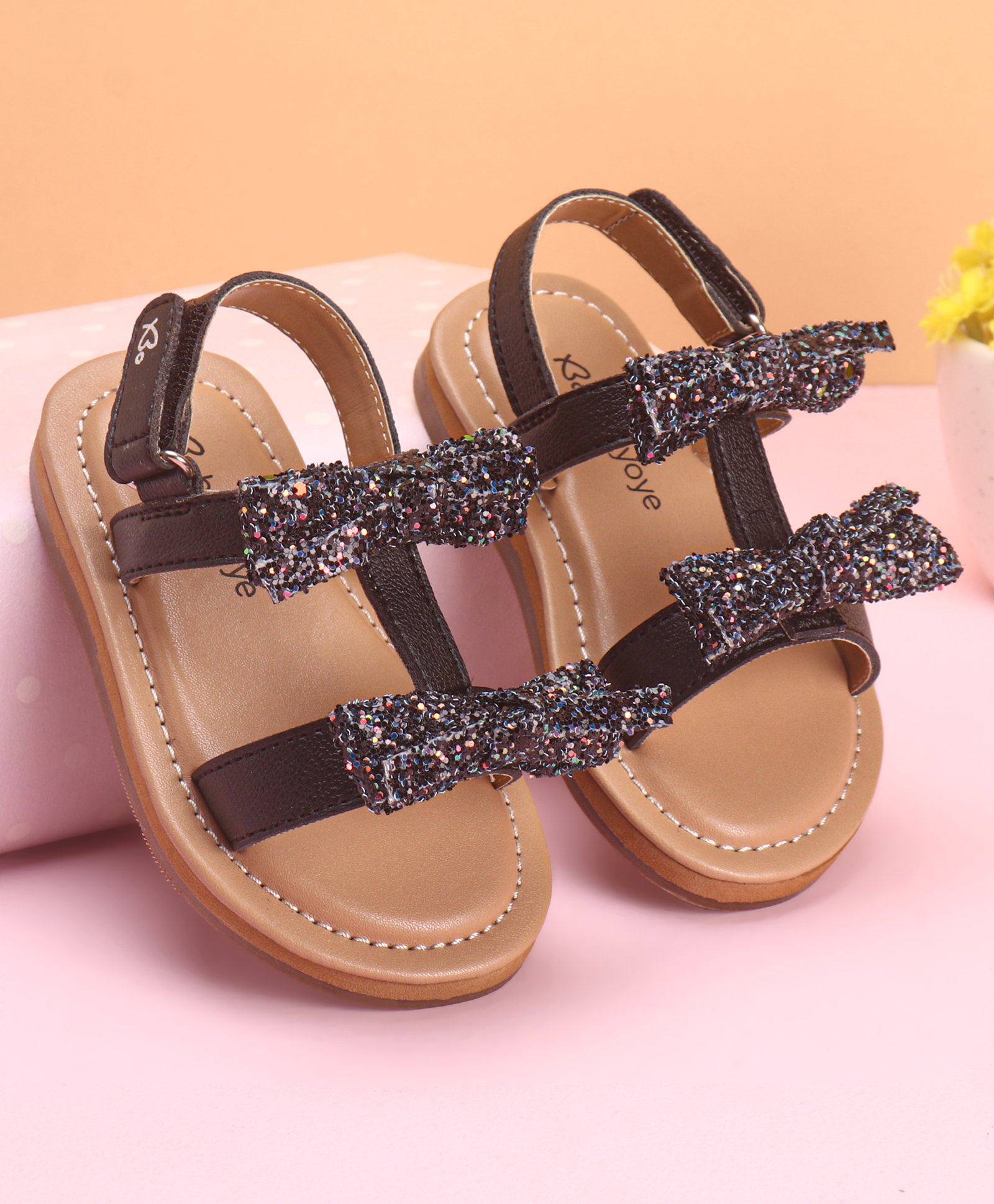 Babyoye Party Wear Sandals Velcro Closure with Bow Applique - Black-picture-36