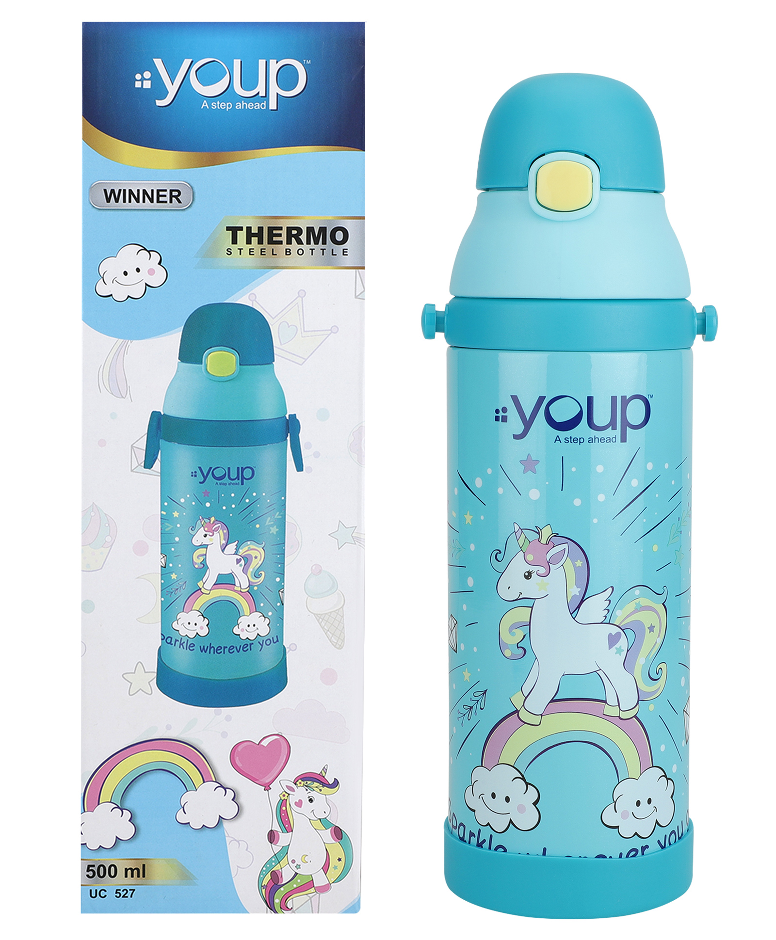 Youp Stainless Steel Turquoise Blue Color Unicorn theme Kids Insulated Sipper Bottle WINNER - 500 ml-picture-26