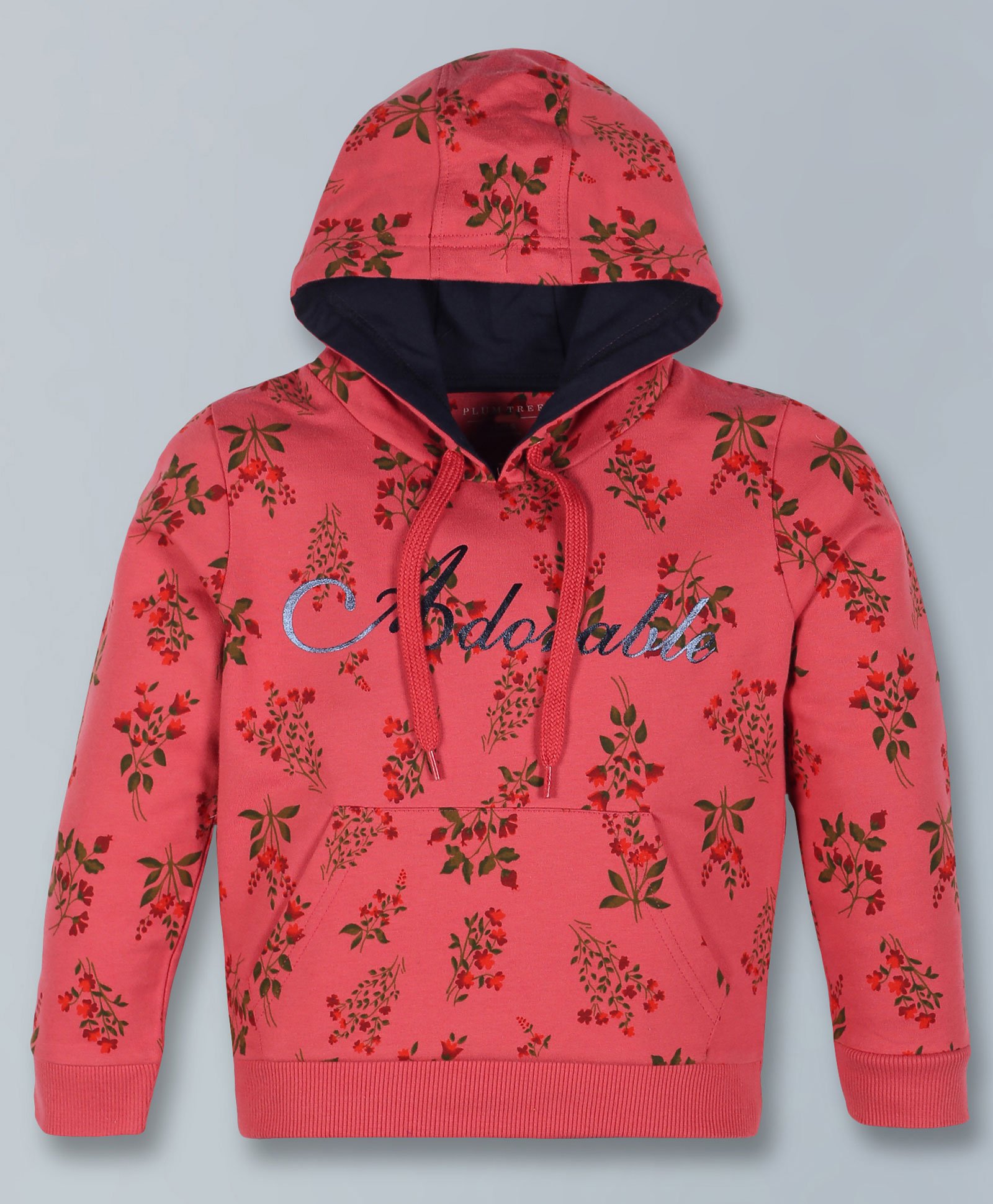 Plum Tree Full Sleeves All Over Vintage Floral Printed With Adorable Text Detailed Hooded Sweatshirt - Dark Pink-picture-28
