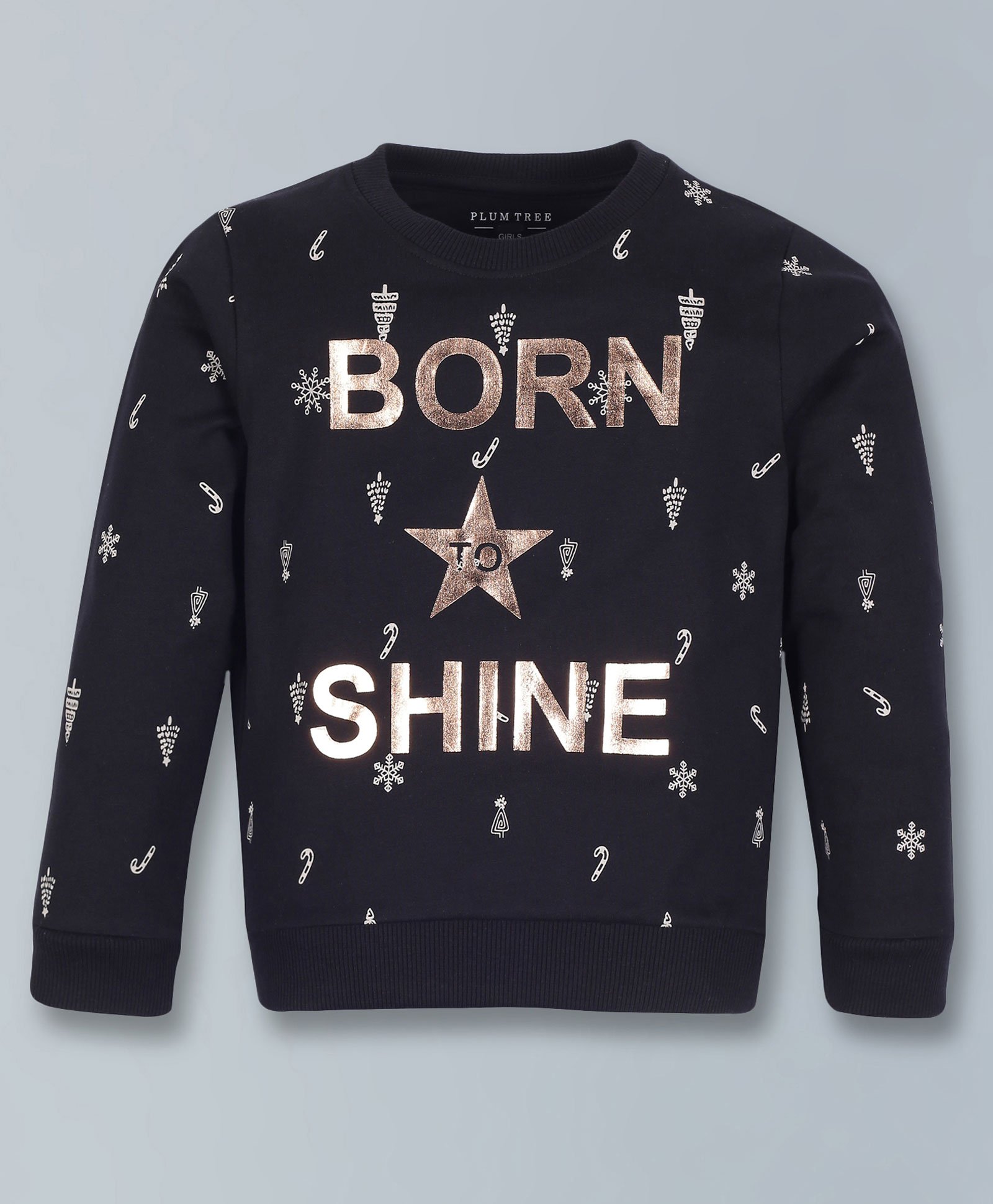 Plum Tree Full Sleeves All Over Snowflakes & Candy With Born To Shine Text Detailed Sweatshirt - Black-picture-38
