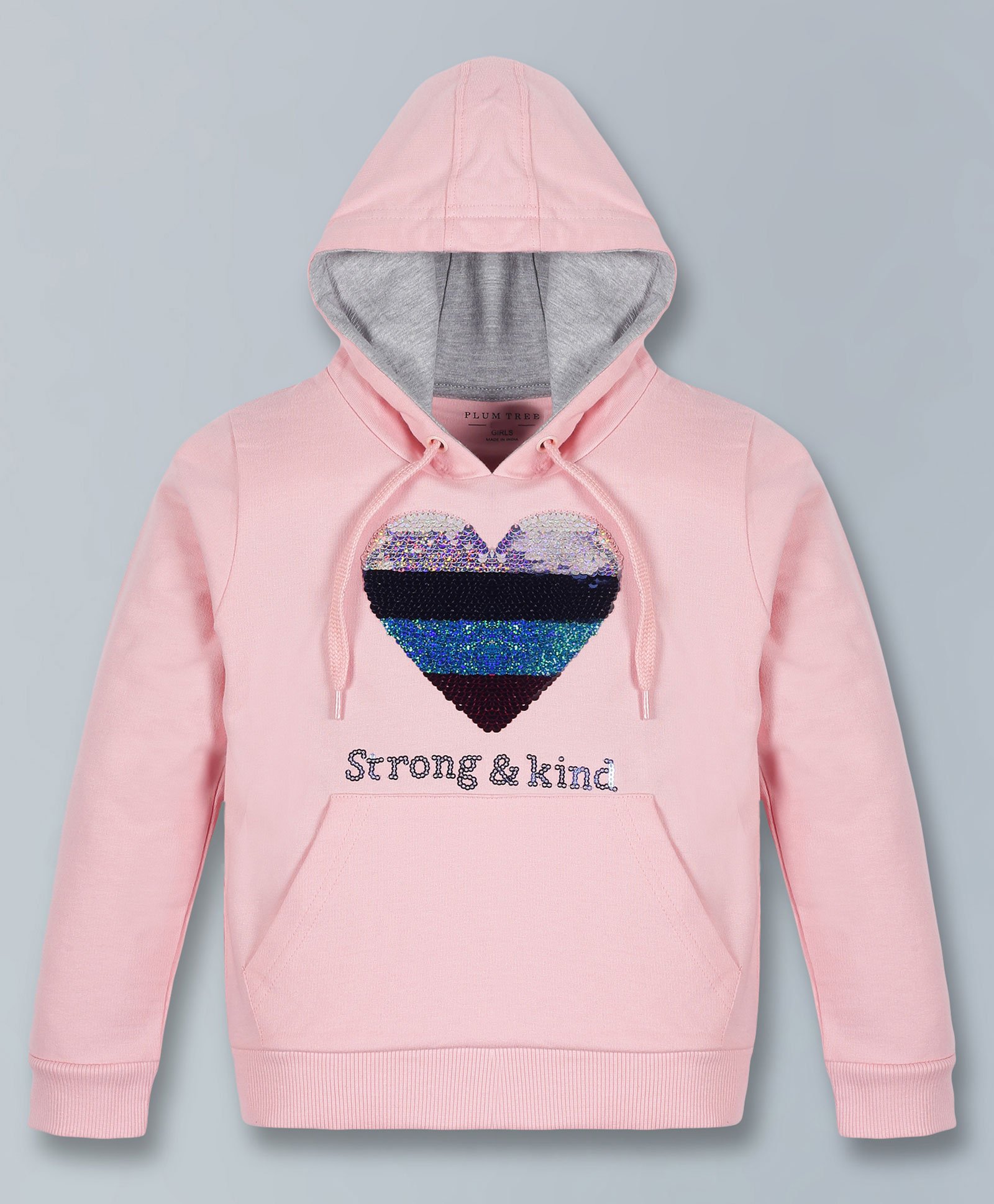 Plum Tree Full Sleeves Sequin Heart Embellished With Strong & Kind Text Detailed Hooded Sweatshirt - Pink-picture-32