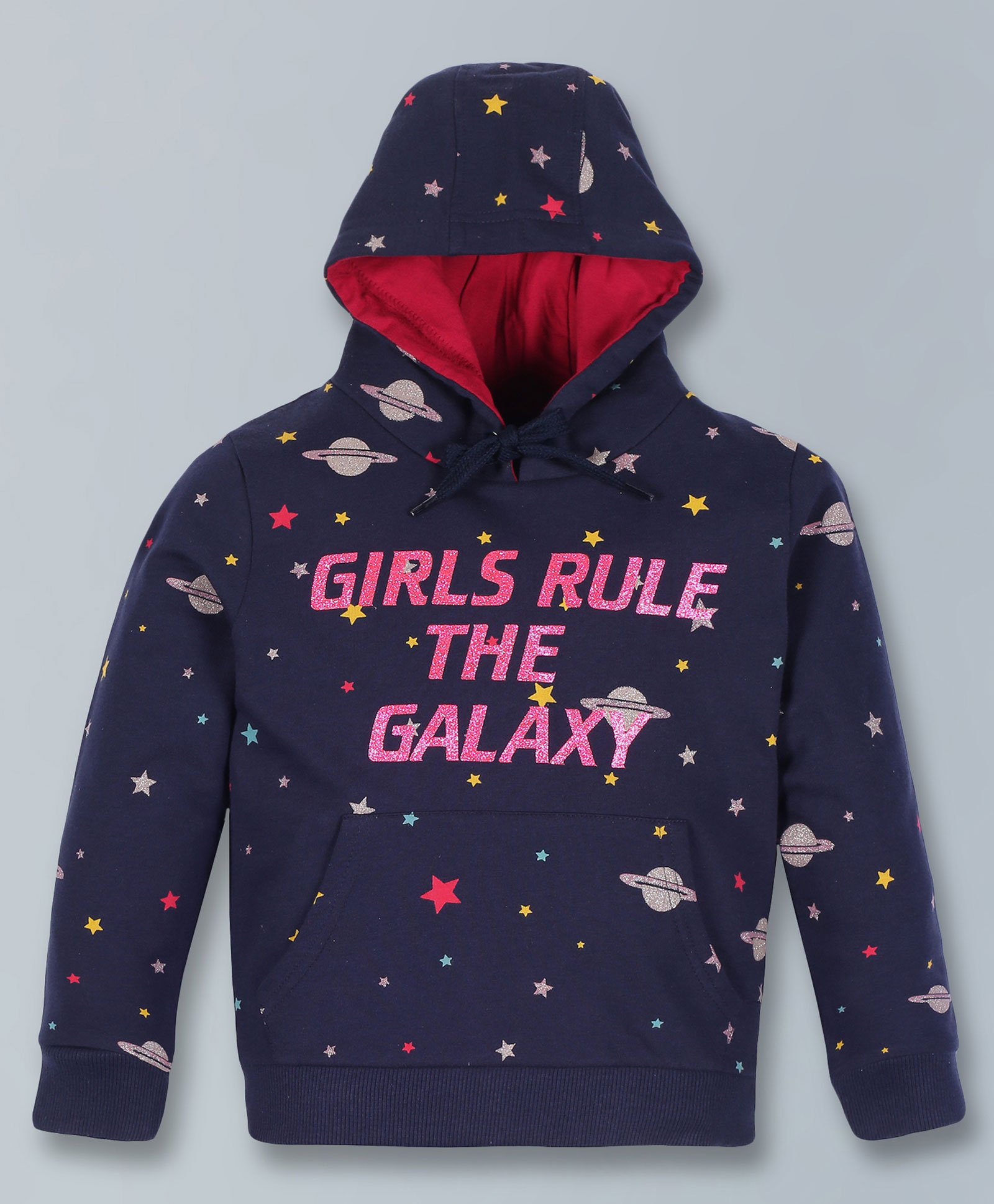 Plum Tree Full Sleeves All Over Planet & Star With Girls Rule Galaxy Text Detailed Hooded Sweatshirt - Navy Blue-picture-14