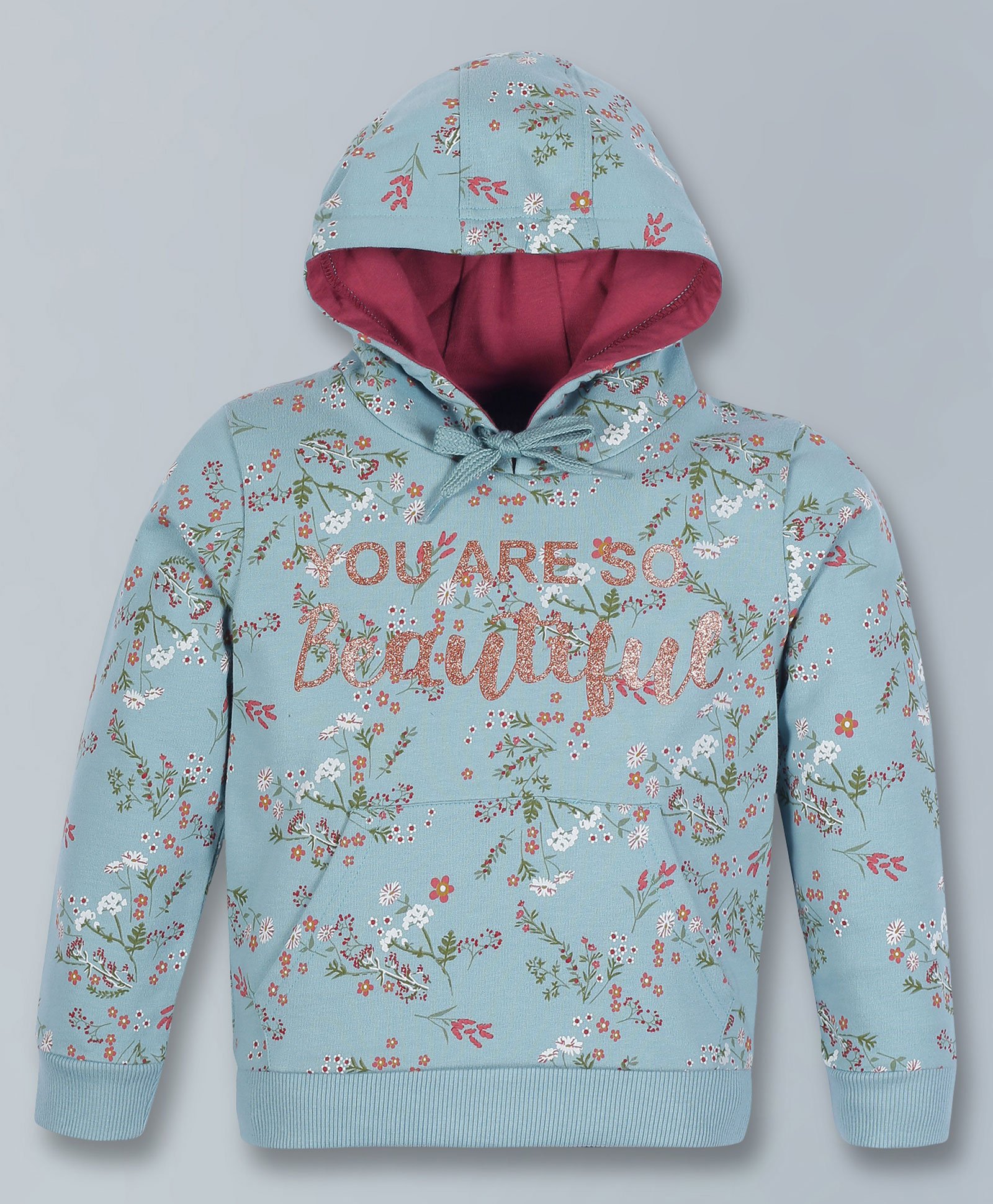 Plum Tree Full Sleeves Floral & Beautiful Glitter Text Printed Hoodie Sweatshirt - Aqua-picture-14
