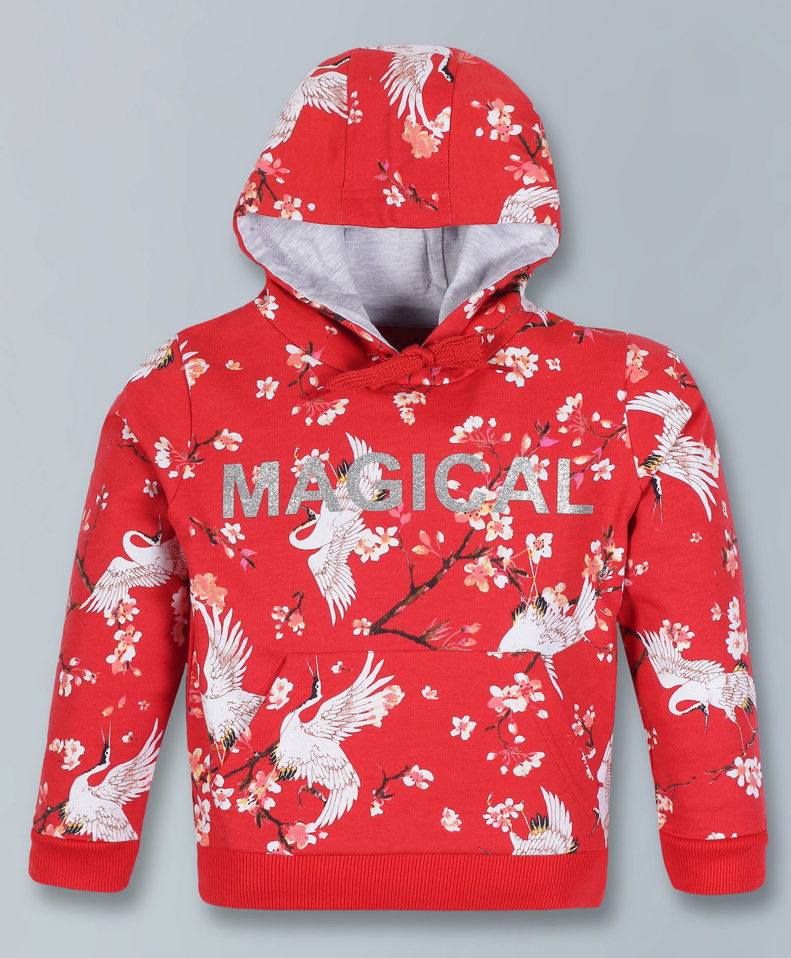 Plum Tree Full Sleeves Birds & Magical Glitter Text Printed Hoodie Sweatshirt - Red-picture-37