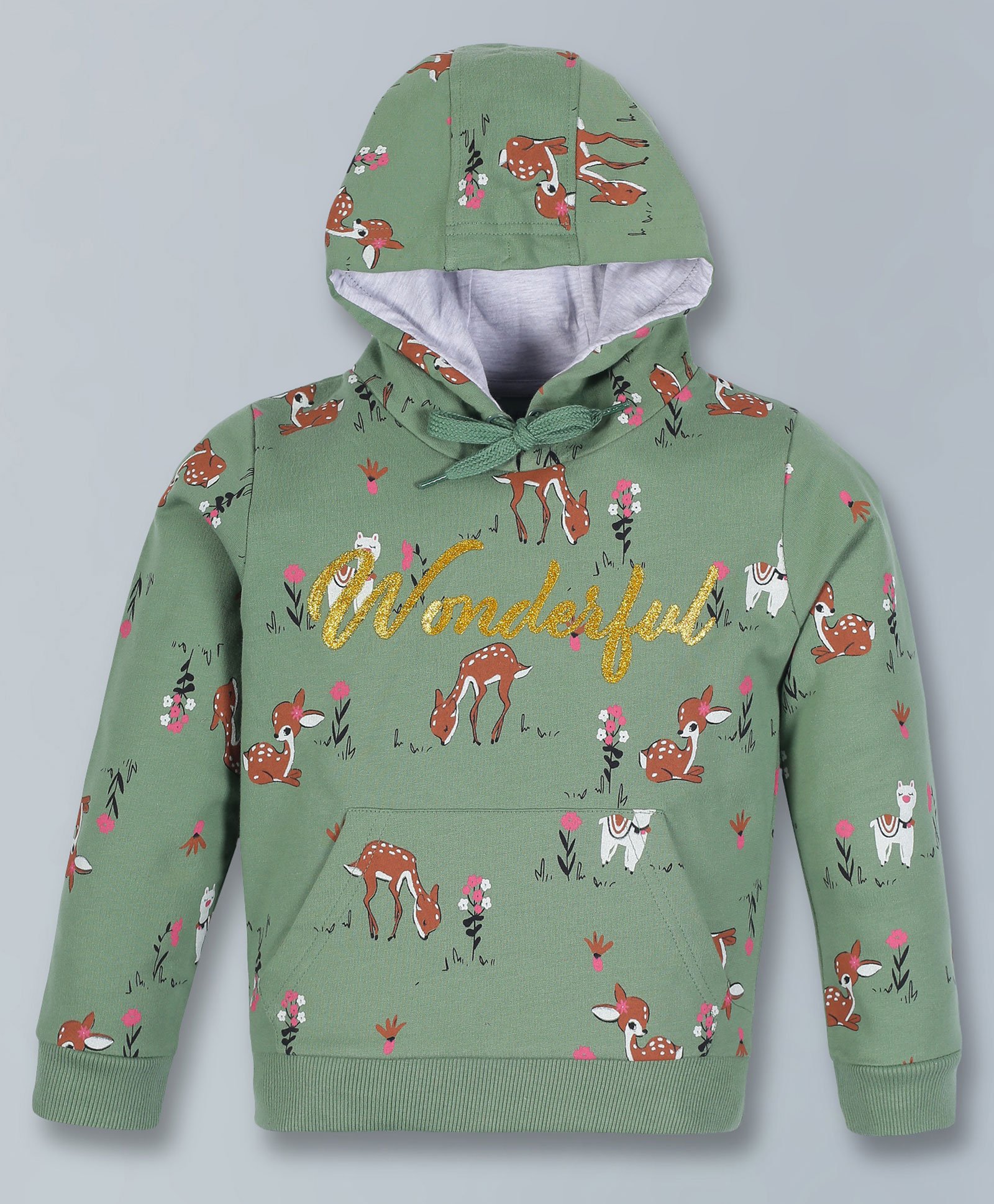 Plum Tree Full Sleeves Deer & Wonderful Glitter Text Printed Hoodie Sweatshirt - Green-picture-32