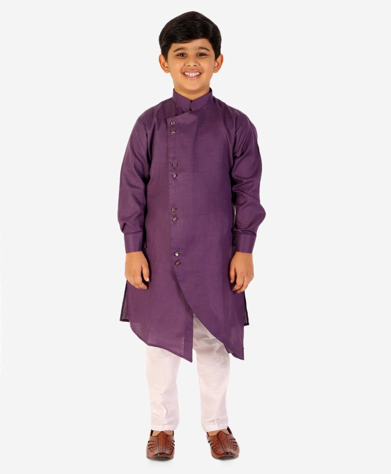 P-MARK Full Sleeves Solid Asymmetrical Kurta & Solid Churidar Silk Set - Purple-image-24