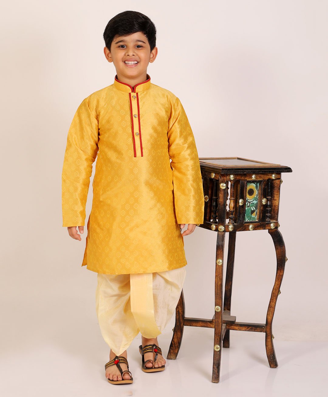 P-MARK Full Sleeves Ethnic Motif Self Design Kurta & Pyjama Set - Mustard Yellow-image-29