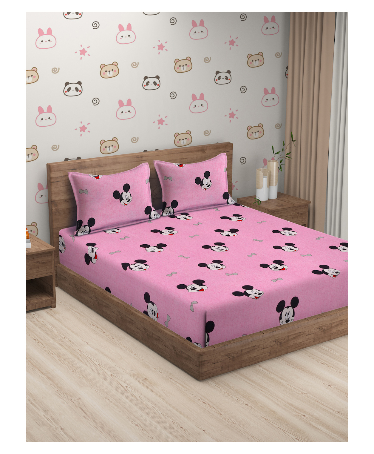 Hosta Homes Gsm Glaced Cotton Cartoon Printed Double Bed Sheet With 2 Pillow Covers - Pink-picture-22