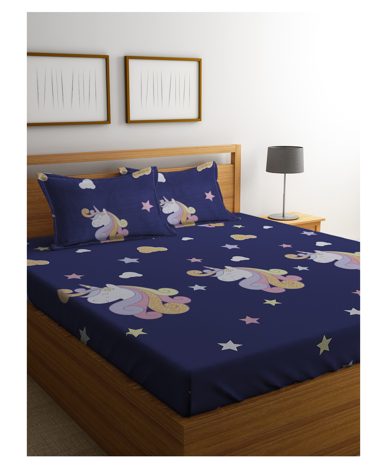 Hosta Homes GSM Glaced Cotton Cartoon Printed Double Bed Sheet With 2 Pillow Covers - Blue-picture-24