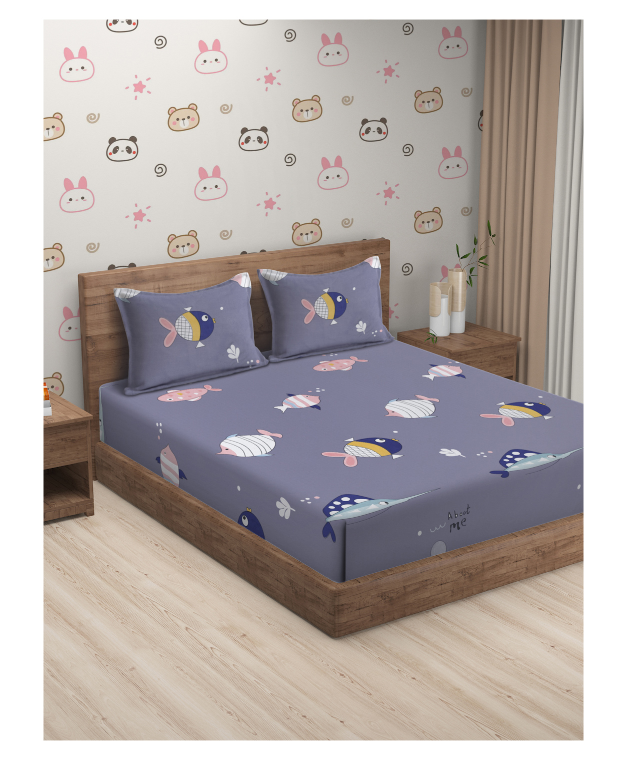 Hosta Homes GSM Glaced Cotton Cartoon Printed Double Bed Sheet With 2 Pillow Covers - Grey-picture-25