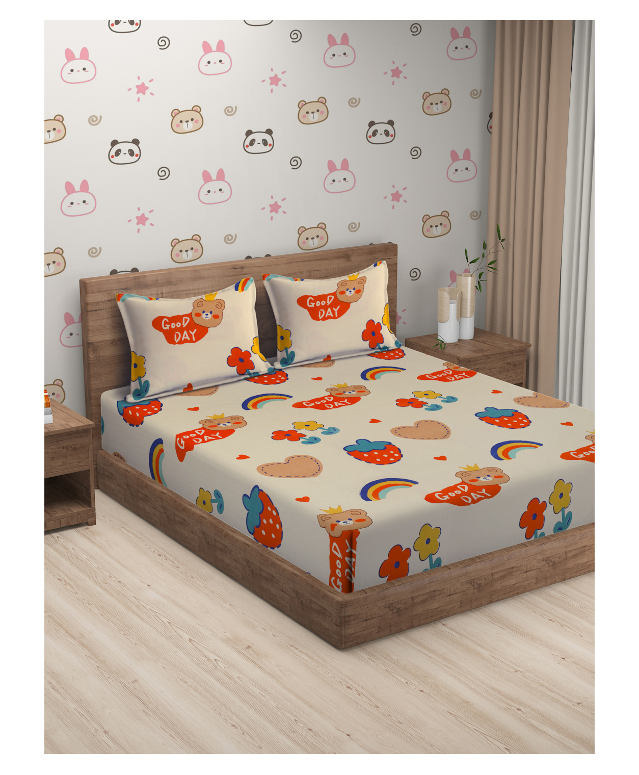 Hosta Homes 280 GSM  Glaced Cotton Cartoon Printed Double Bed Sheet With 2 Pillow Covers - Beige-picture-21